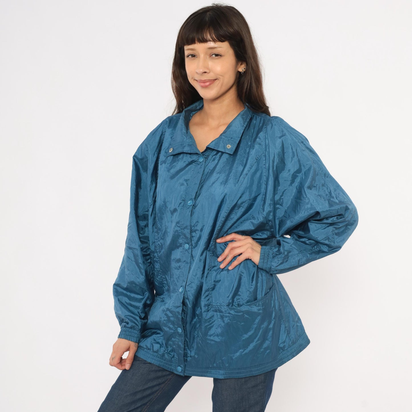 80s Tudor Court Windbreaker Jacket Steel Blue Nylon Coach Coat Large L
