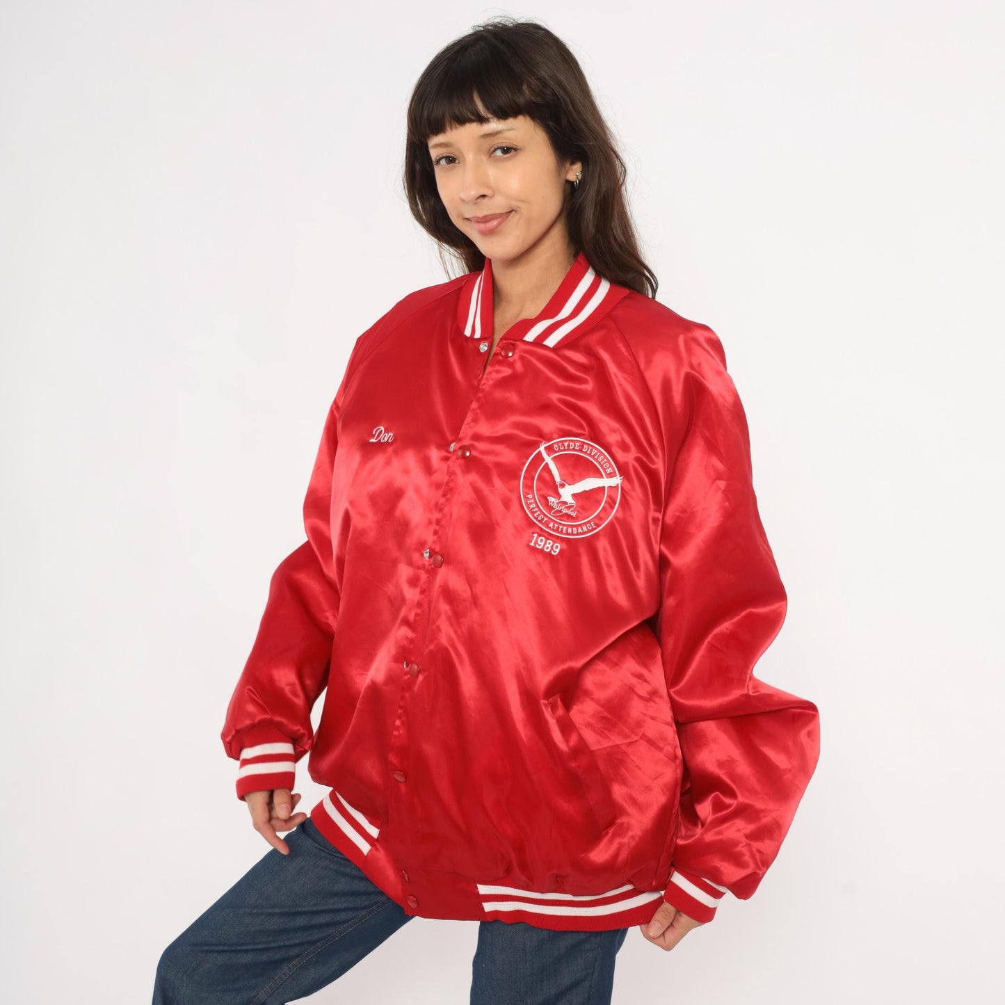 80s Red Satin Bomber Jacket Eagle Embroidered Snap Button Quilted Lining Plus Size 3XL