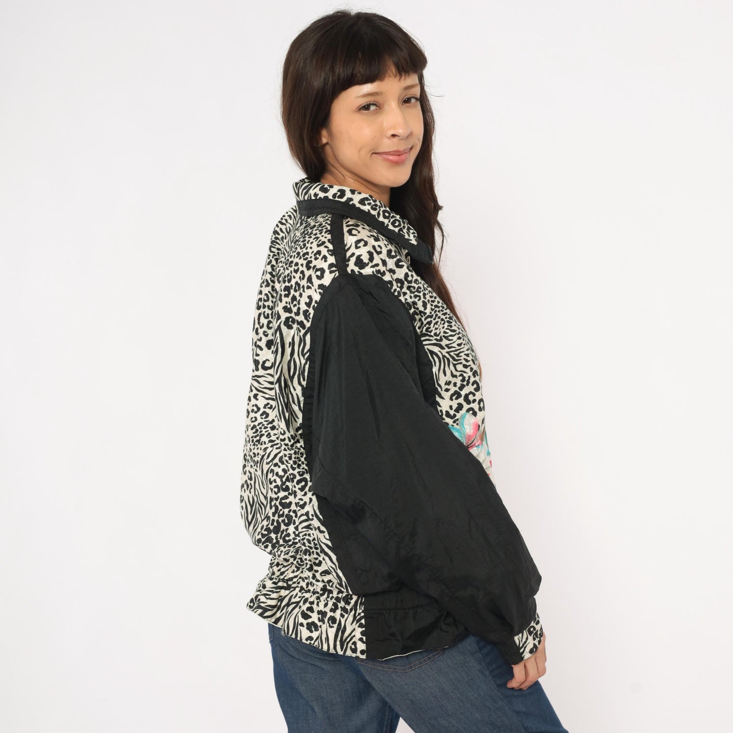 90s East West Leopard Zebra Floral Windbreaker Jacket Black Medium M