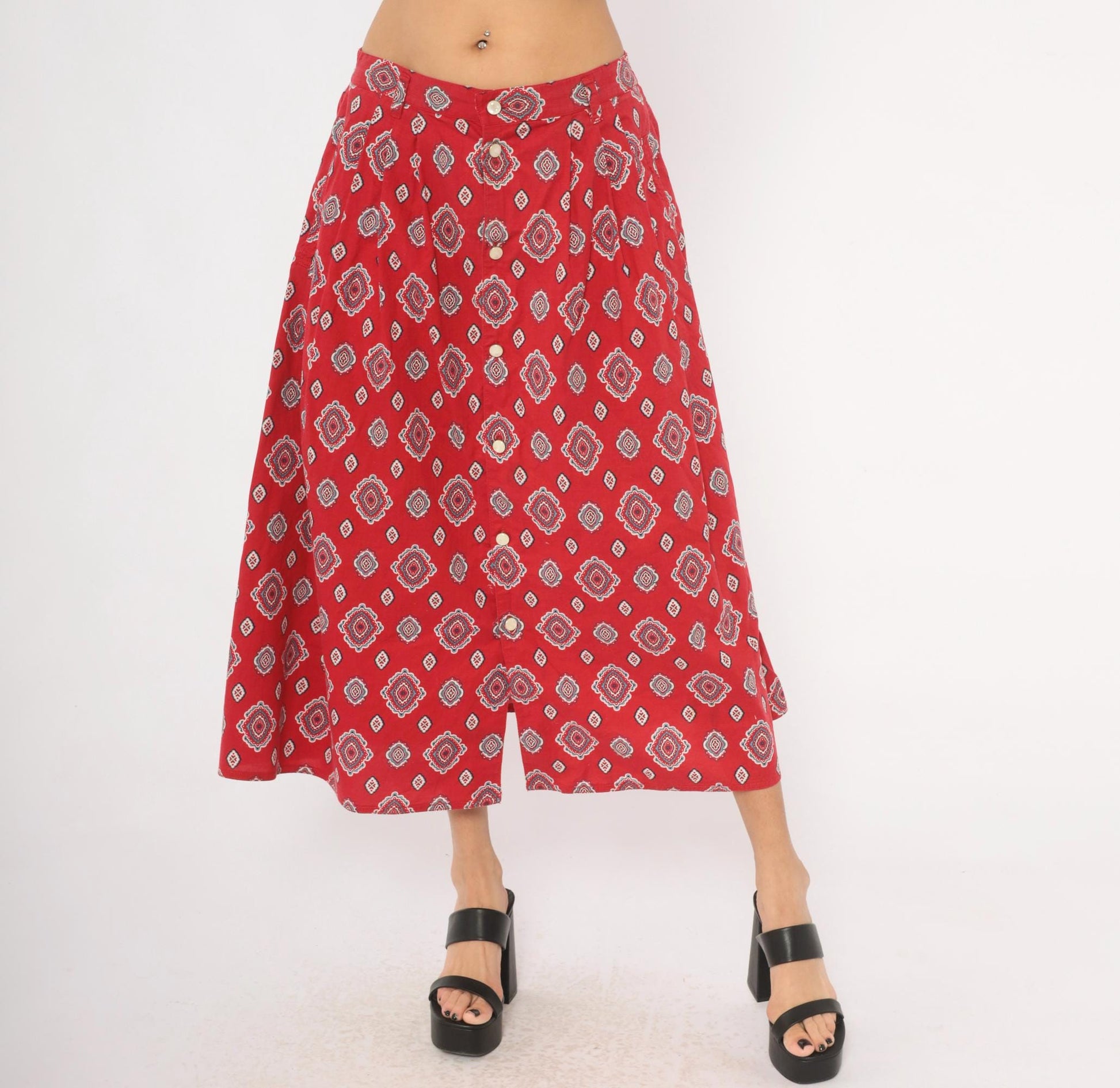 90s Liz Wear Southwestern Midi Skirt Red Medallion Print Cotton Large L