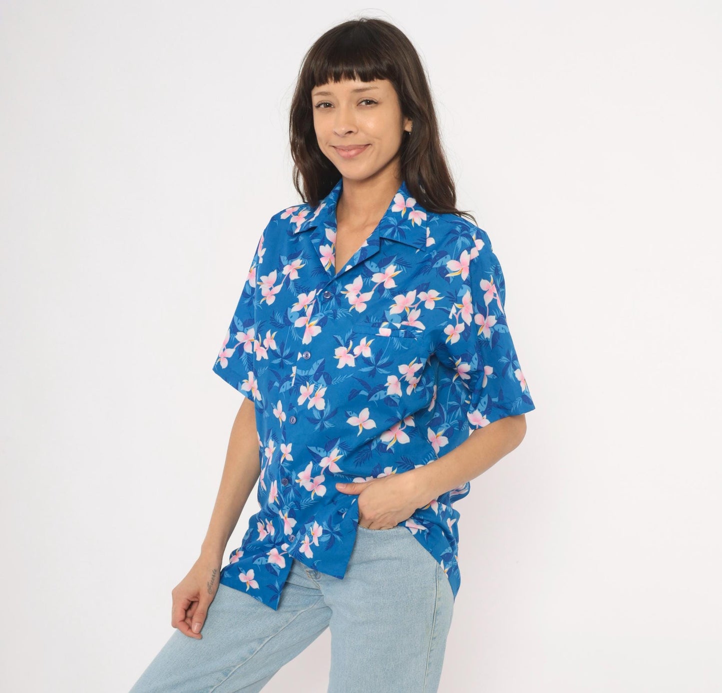 90s Hilo Hatties Hawaiian Shirt Blue Plumeria Floral Camp Collar Medium M