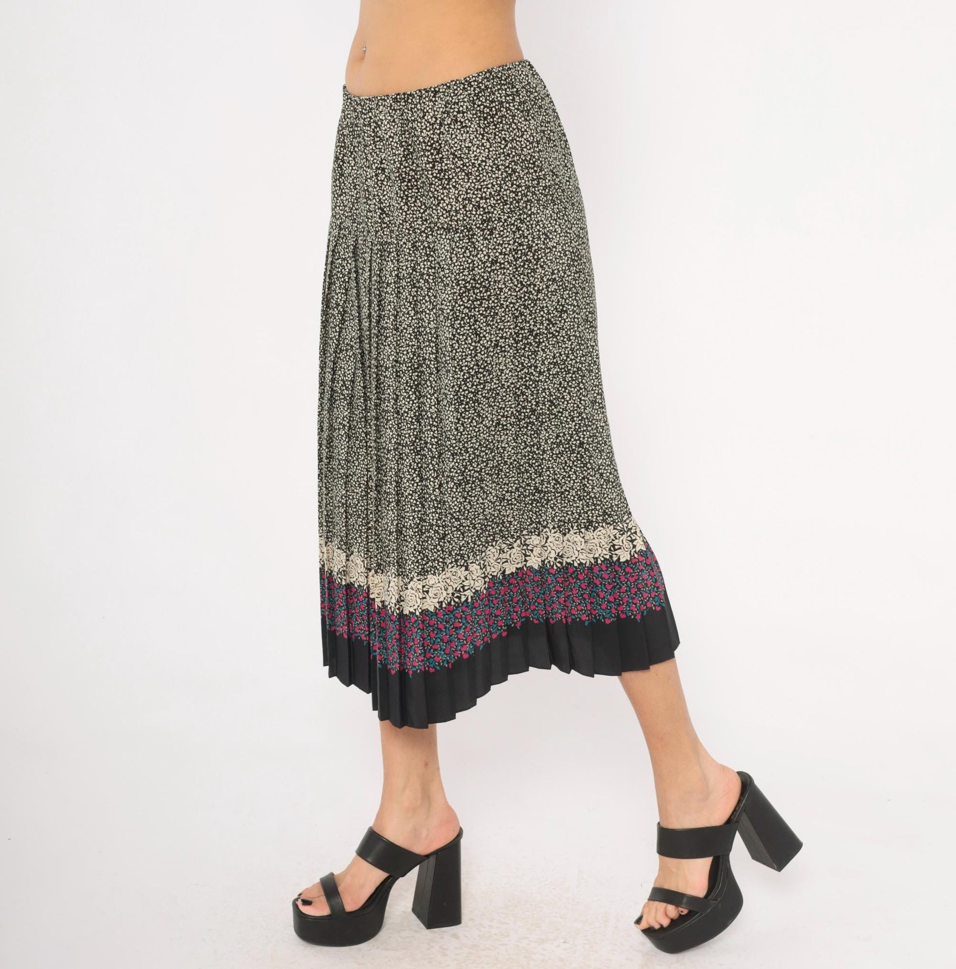 80s Floral Border Midi Skirt Black Cream Rose Pink Teal Pleated Medium Large