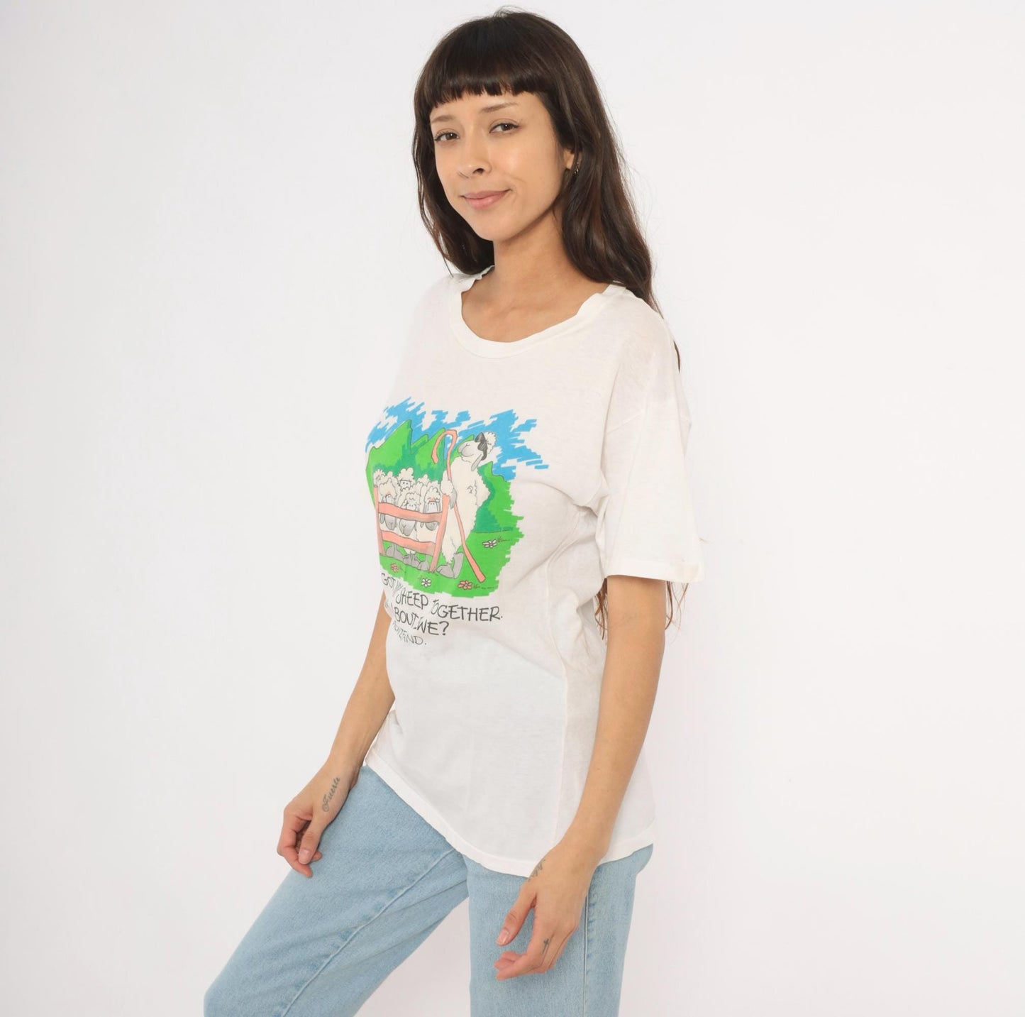 90s New Zealand Sheep Pun Graphic Tee White Cotton Scoop Neck Medium