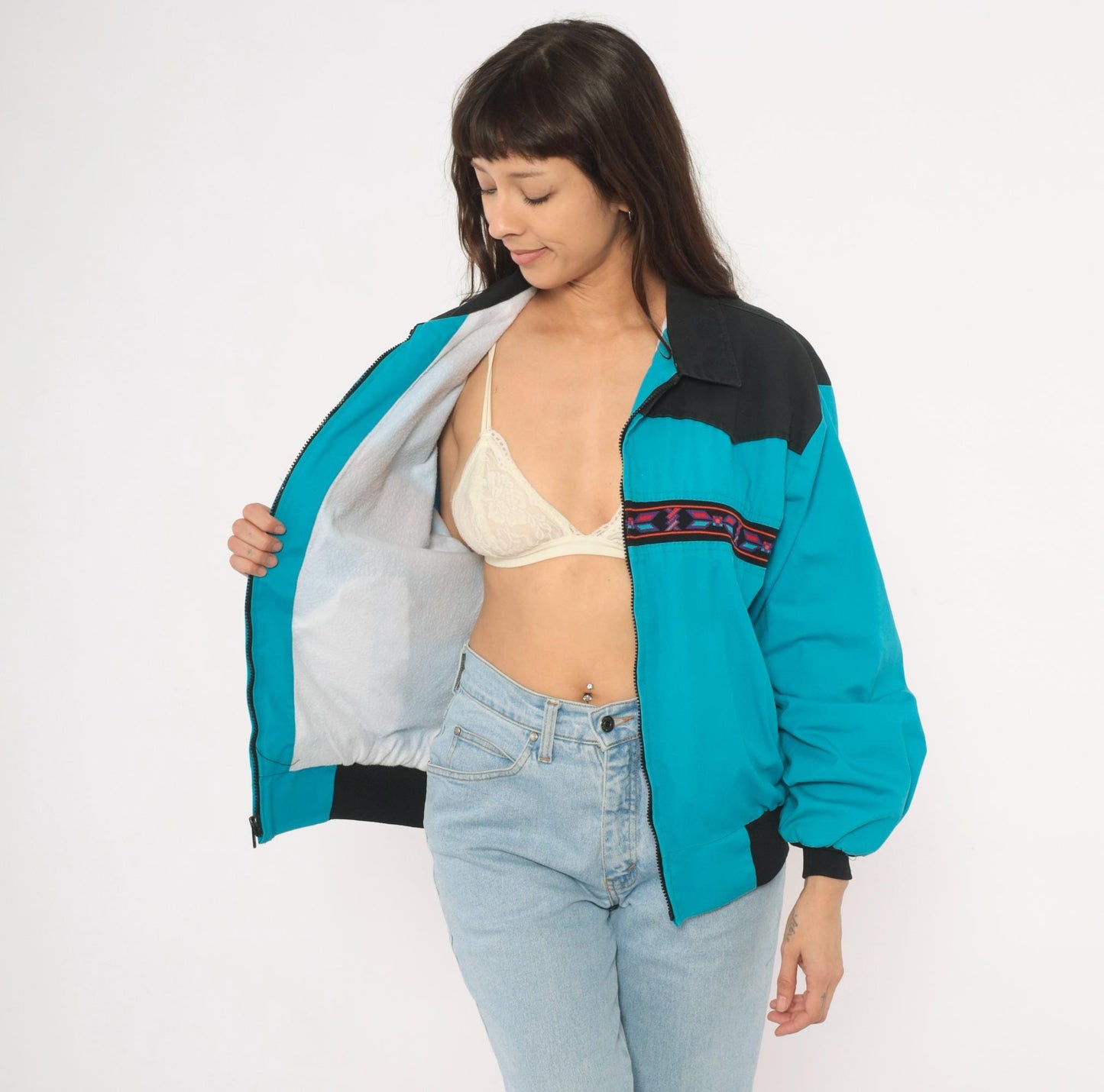 90s Santa Fe Trail Southwestern Bomber Jacket Teal Black Western Yoke Medium