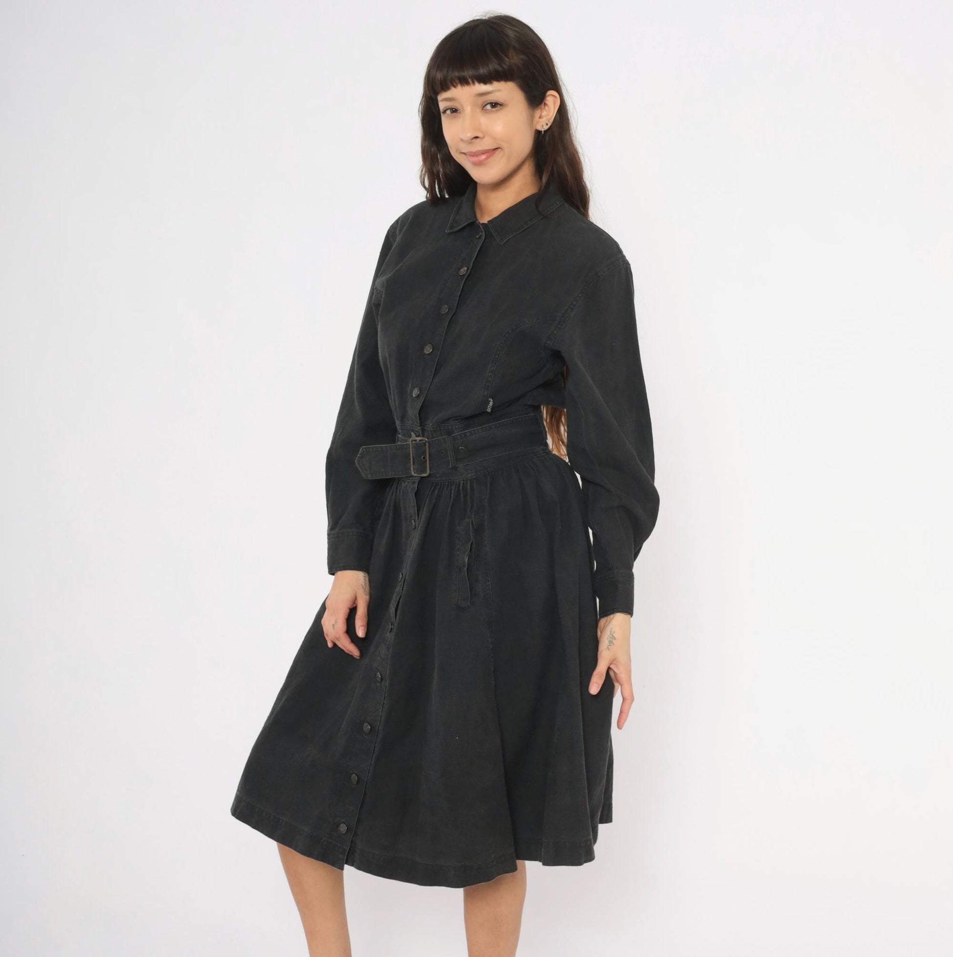 90s Gitano Black Denim Shirtdress Belted A-Line Gathered Skirt Medium M