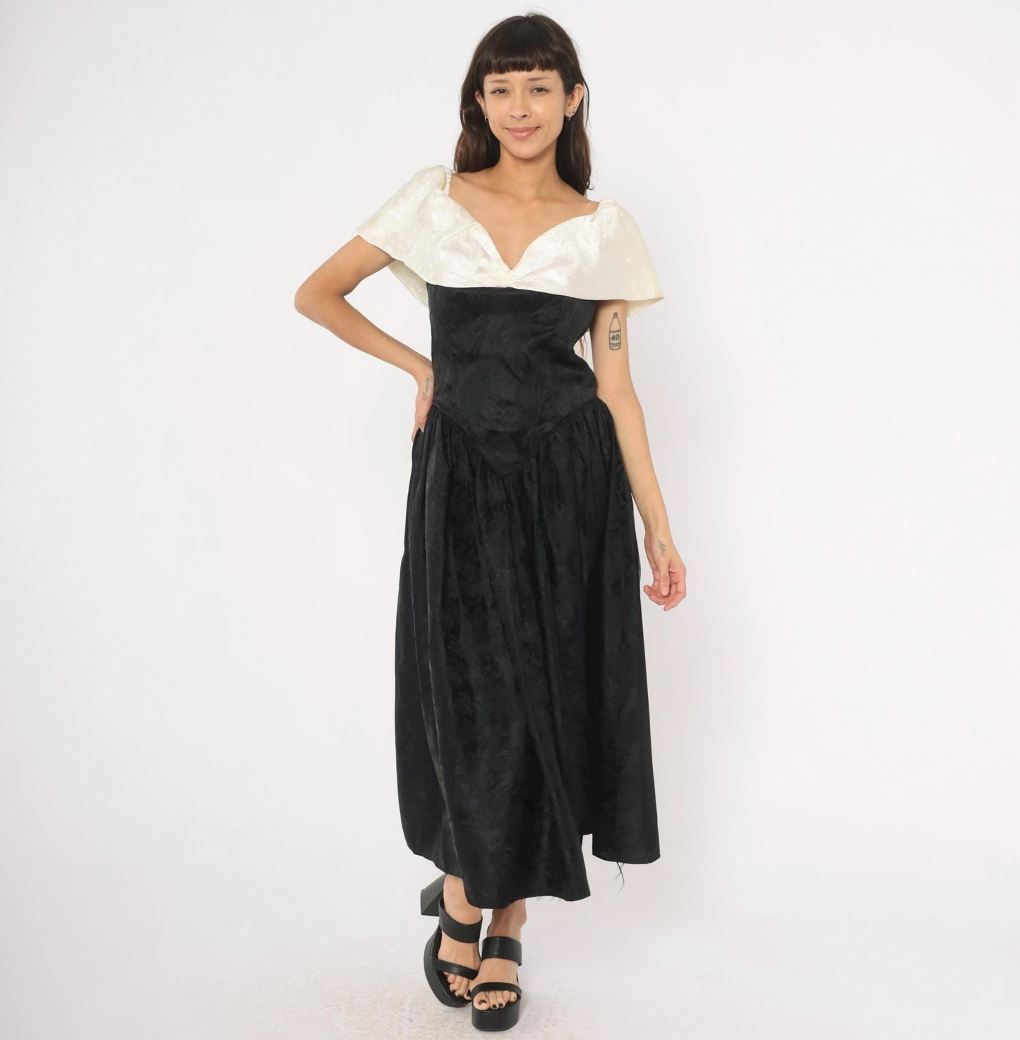 90s Black Ivory Jacquard Off-Shoulder Evening Gown Basque Waist Large L