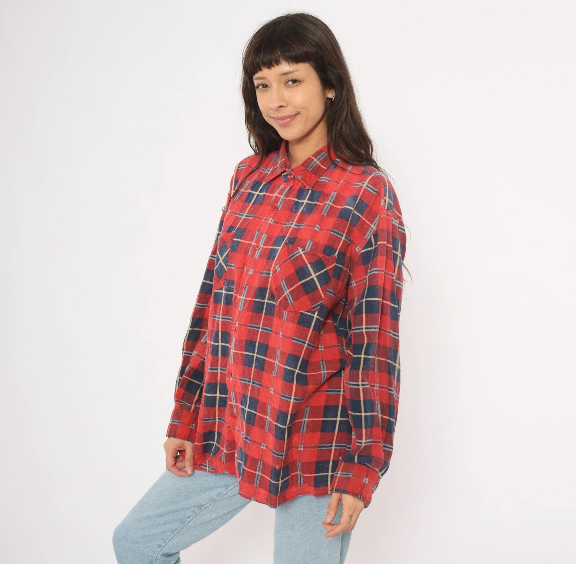 90s Saugatuck Red Navy Plaid Flannel Shirt Cotton Point Collar Extra Large XL