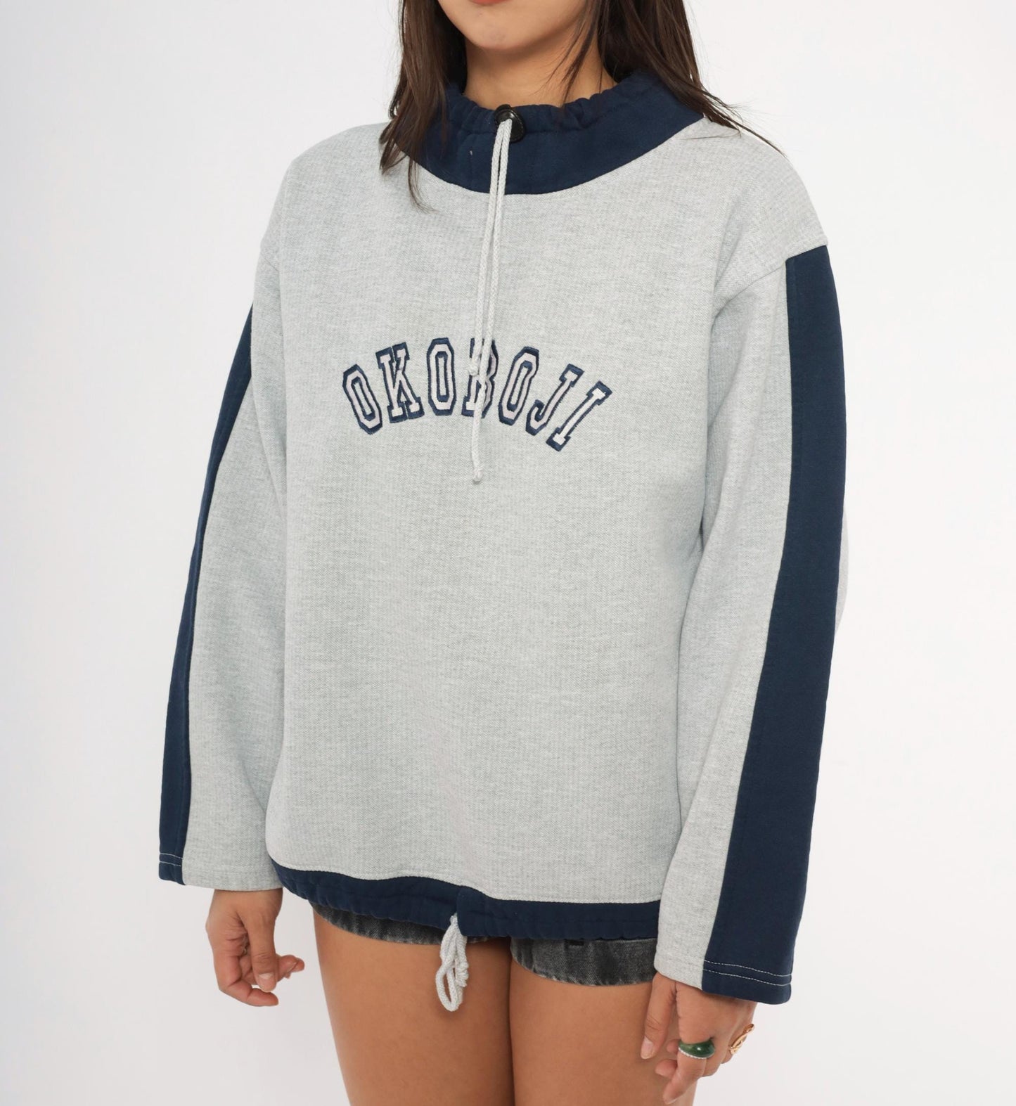 90s Renegade Club Okoboji Colorblock Sweatshirt Grey Navy Funnel Neck Large L