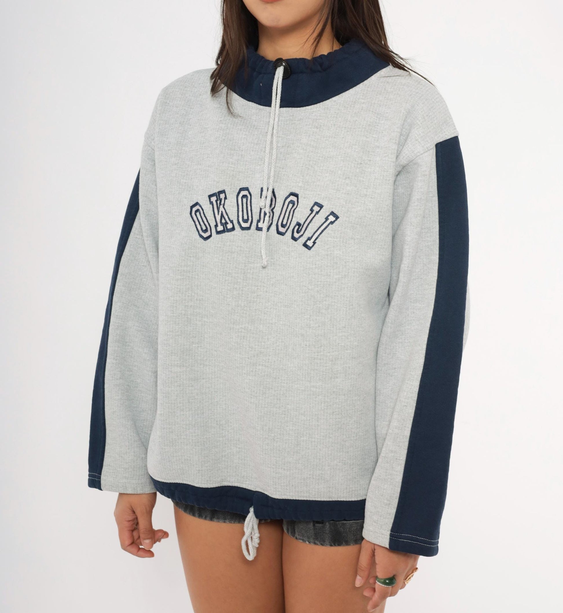 90s Renegade Club Okoboji Colorblock Sweatshirt Grey Navy Funnel Neck Large L