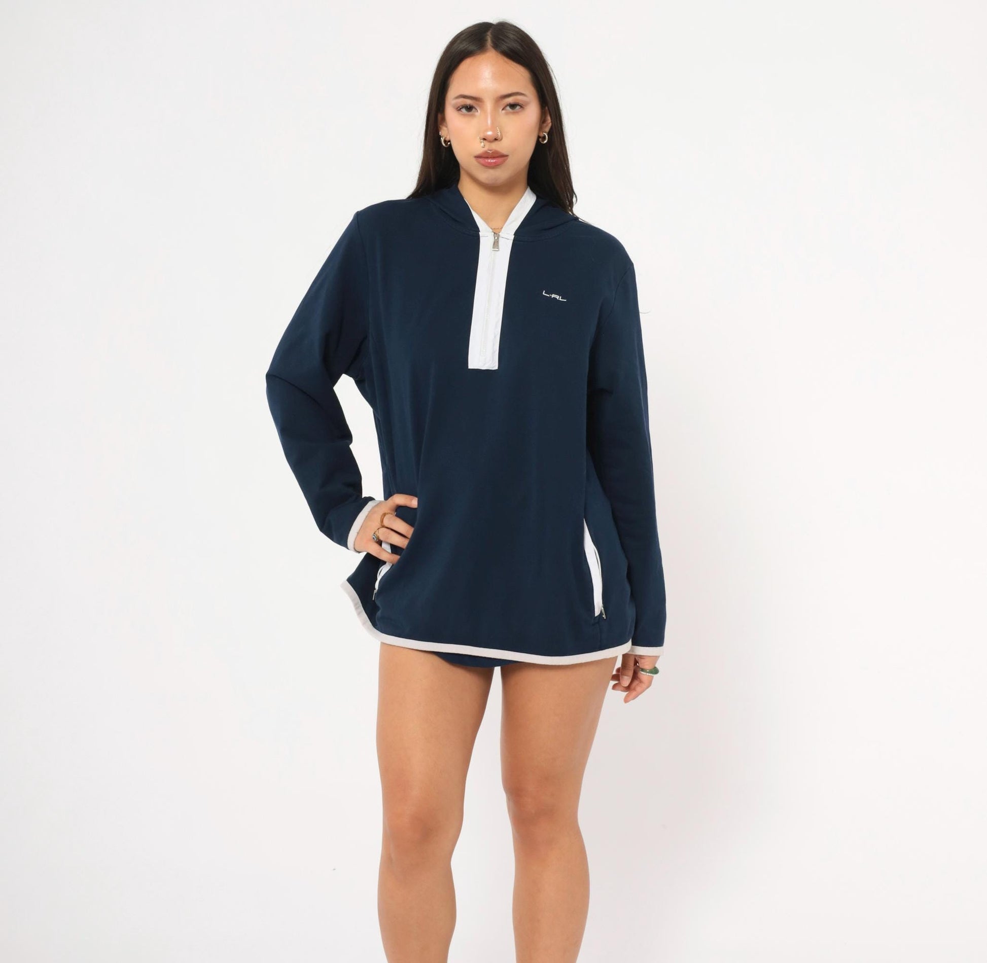 Y2K Ralph Lauren Active Half Zip Hoodie Navy Cotton Plus Size XXL