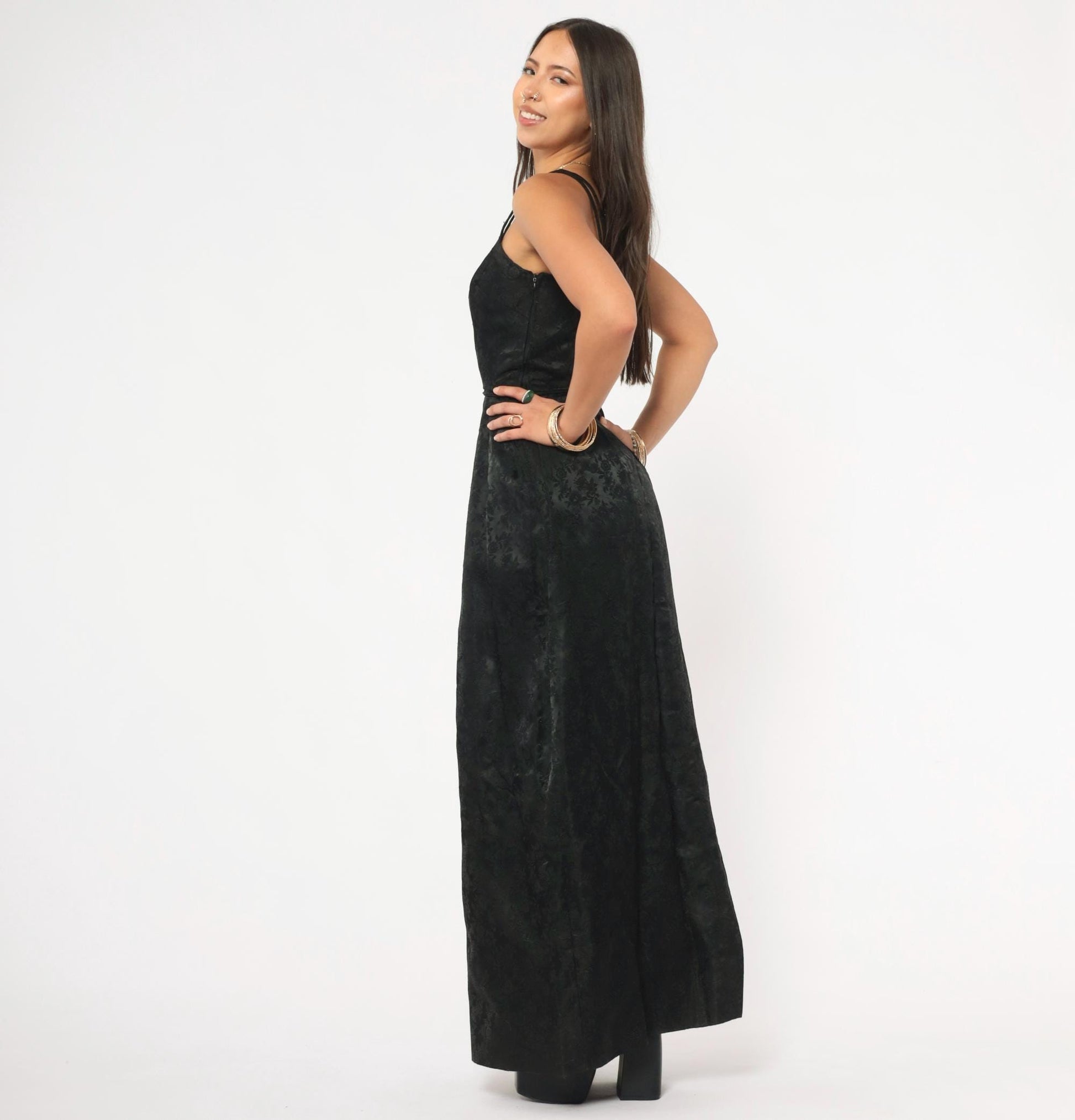 90s Black Jacquard Maxi Gown Double Strap Floral Brocade Floor Length Extra Small XS