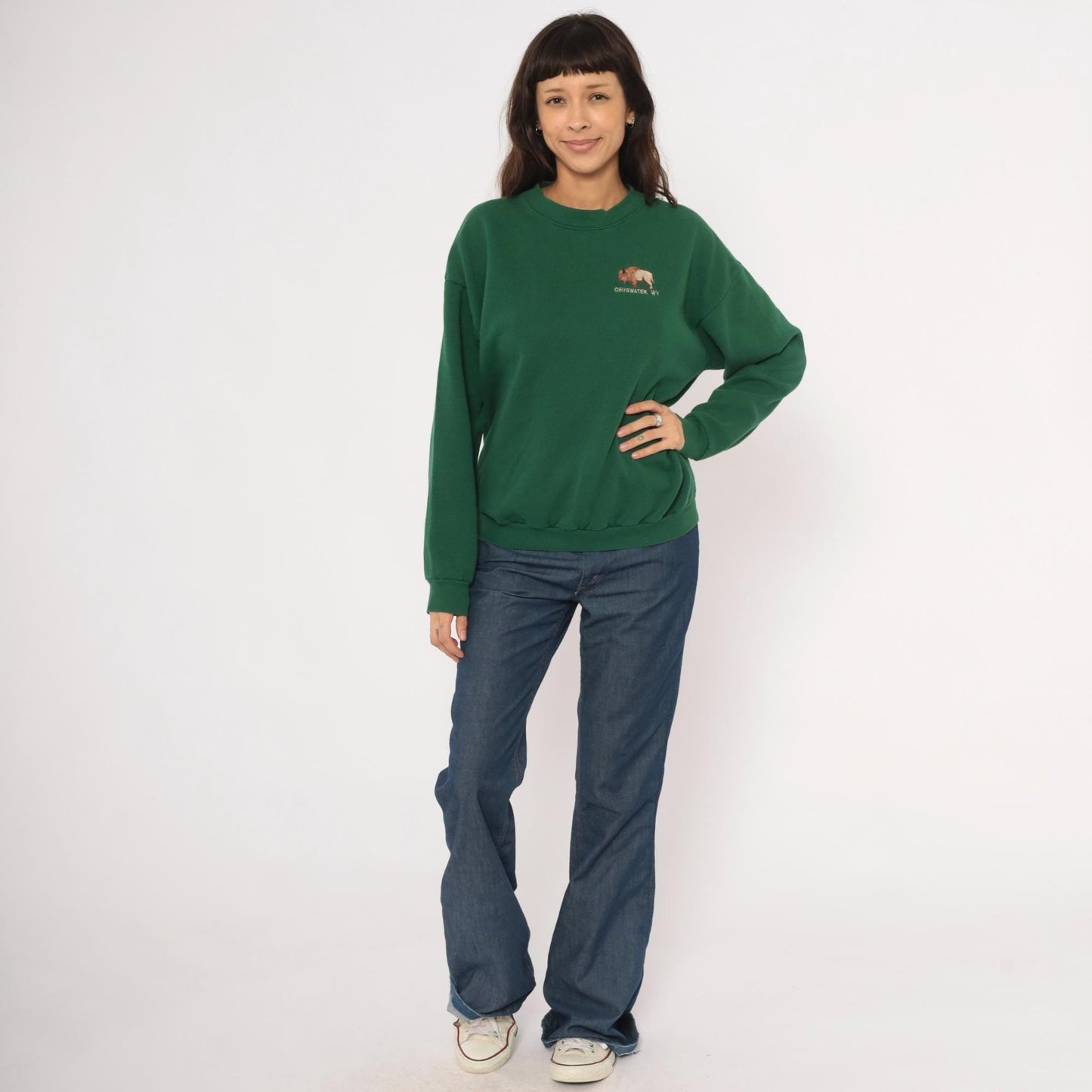90s Lee Bison Embroidered Sweatshirt Forest Green Chugwater Wyoming Large