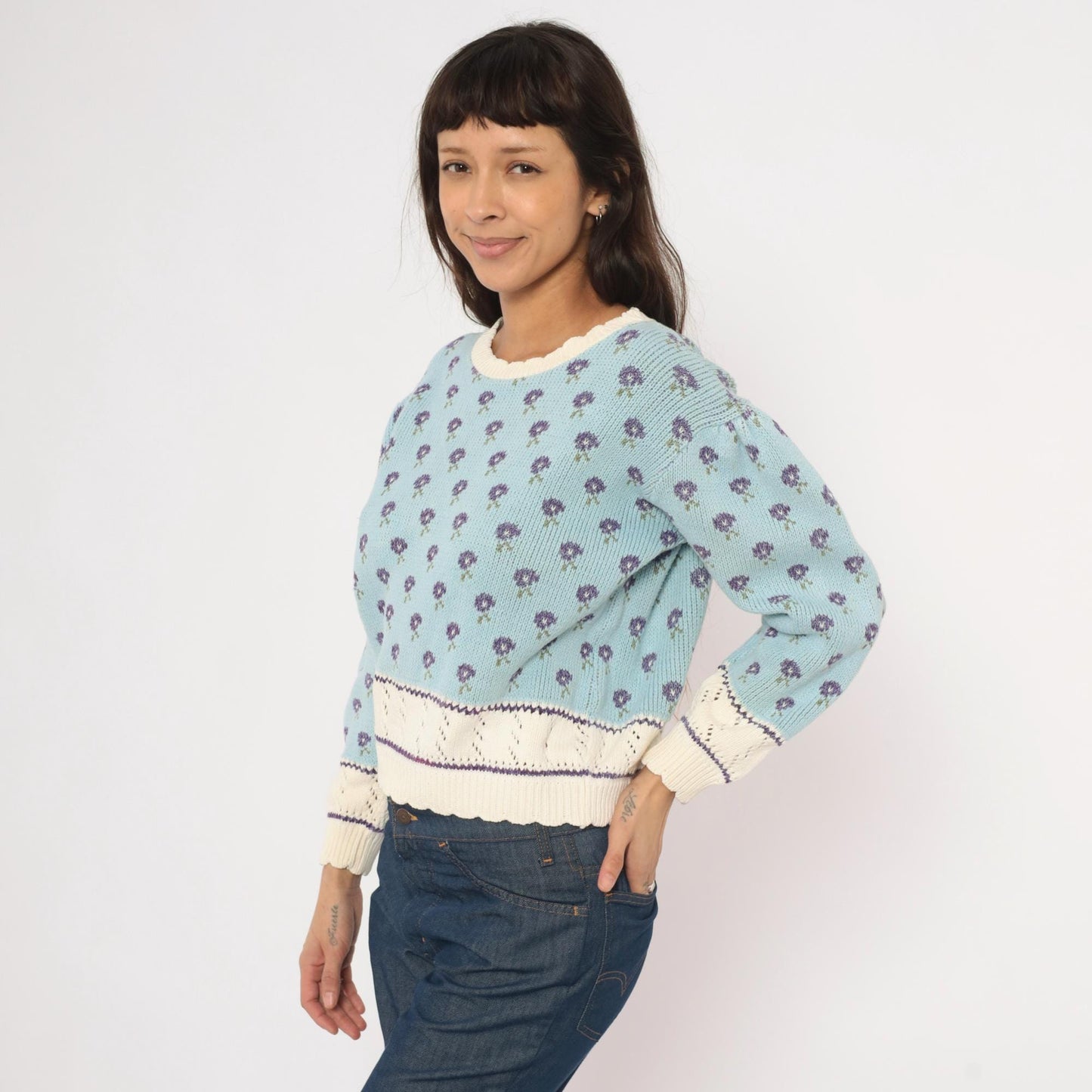 80s Light Blue Floral Knit Sweater Puff Sleeve Pointelle Trim Cotton Medium