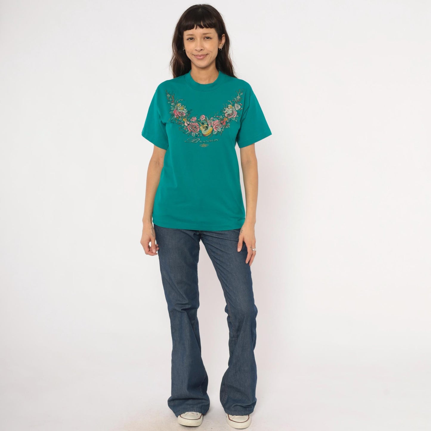 90s Branson Cherub Angel Roses Guitar Teal Cotton Graphic Tee Small