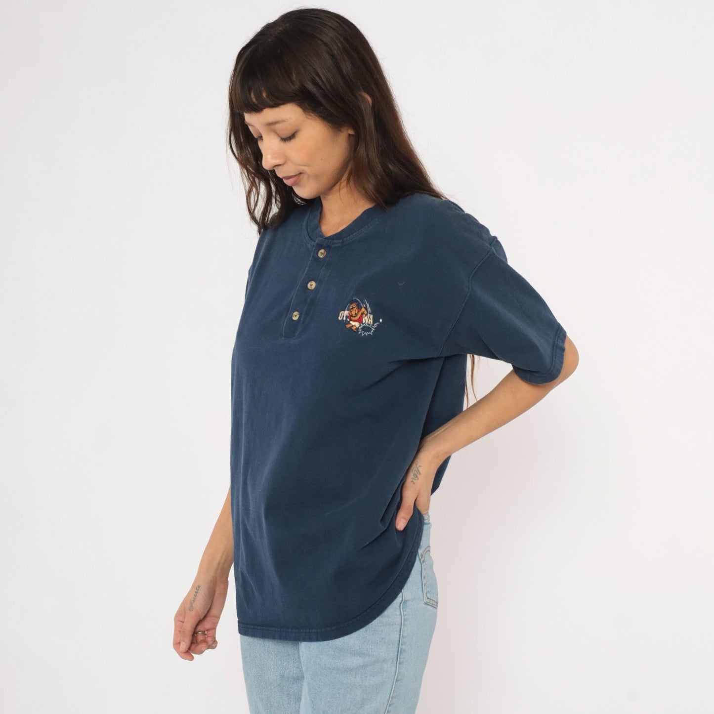 90s Powersport by Oneita Navy Henley Embroidered Bulldog Golf Graphic Large L