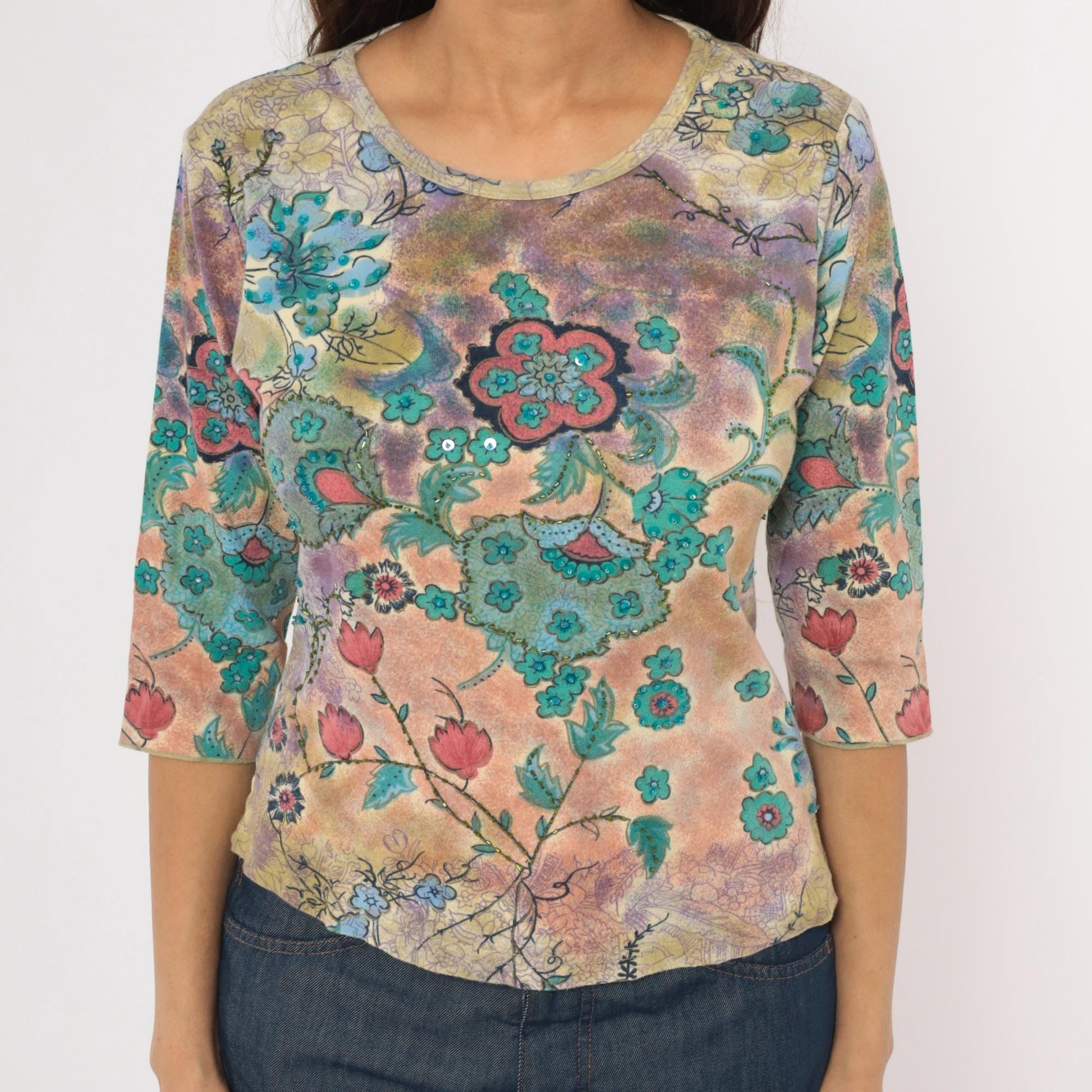 Y2K Watercolor Floral Sequin Top Three Quarter Sleeve Teal Rose Lavender Small S
