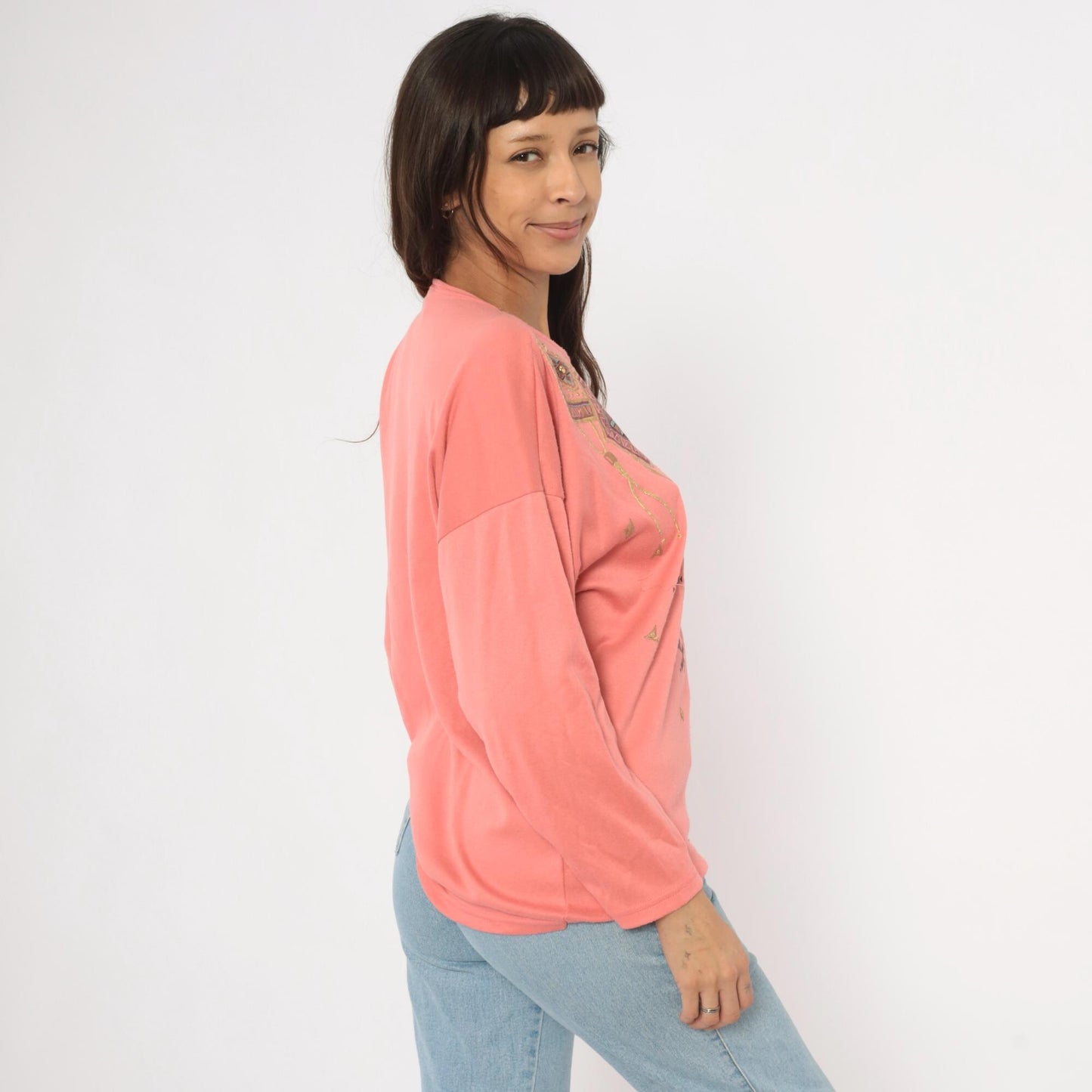 90s Sassy Sport Southwestern Crewneck Coral Pink Beaded Graphic Medium