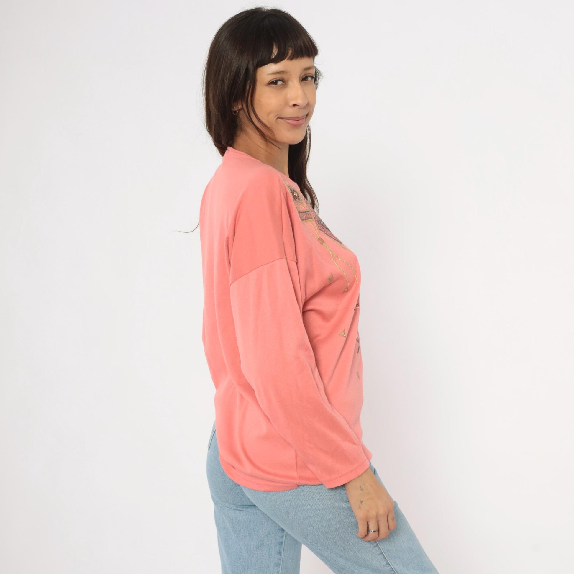 90s Sassy Sport Southwestern Crewneck Coral Pink Beaded Graphic Medium