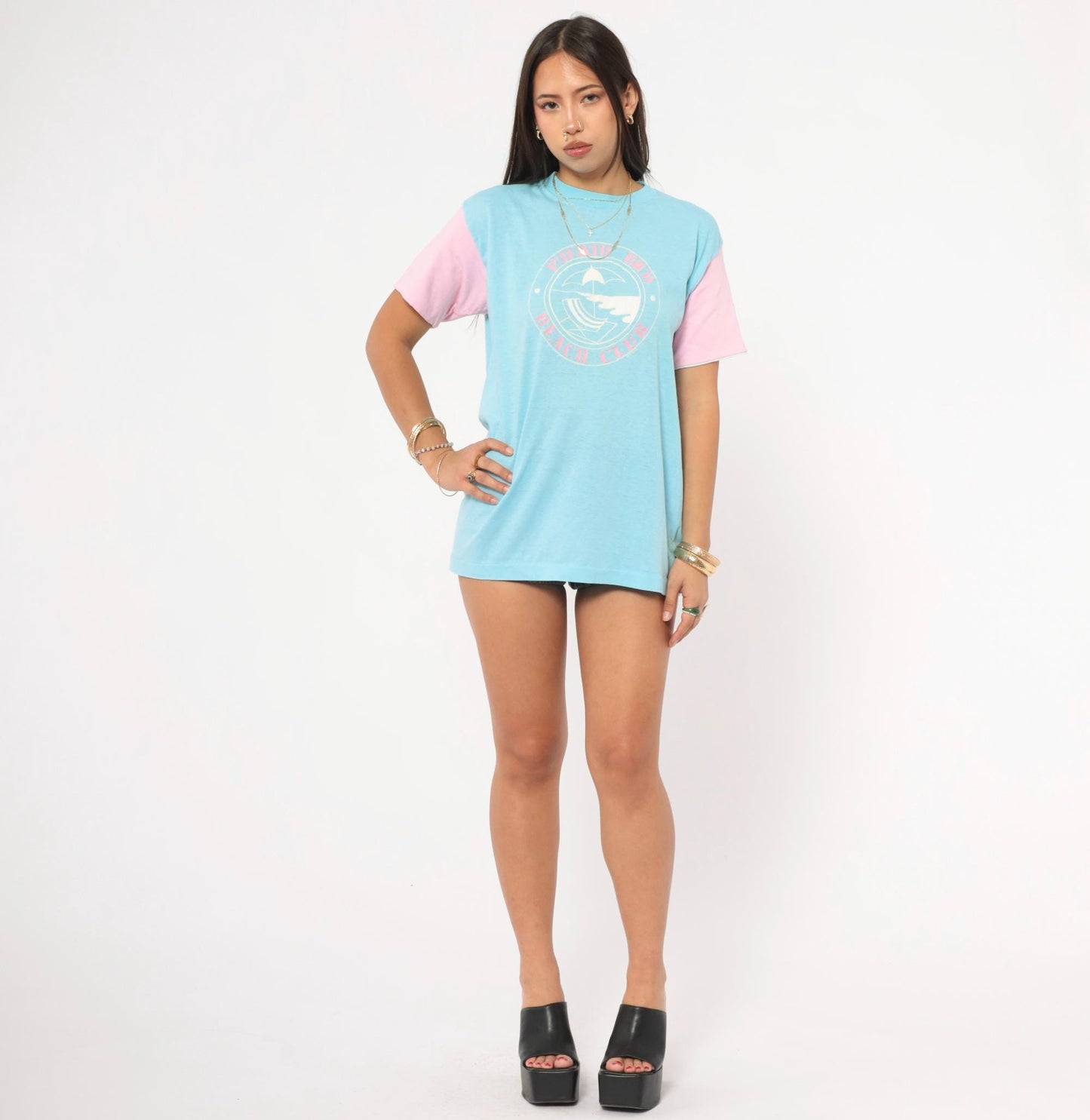 80s Puerto Rico Beach Club Colorblock Tee Baby Blue Pink Graphic Medium