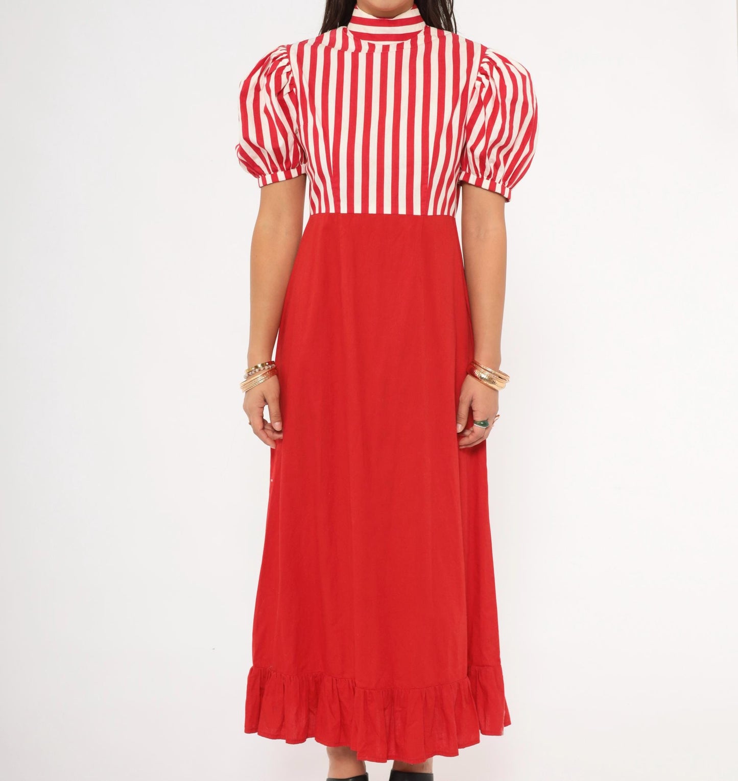 70s Red White Striped Cotton Maxi Dress Puff Sleeve Empire Waist Medium M