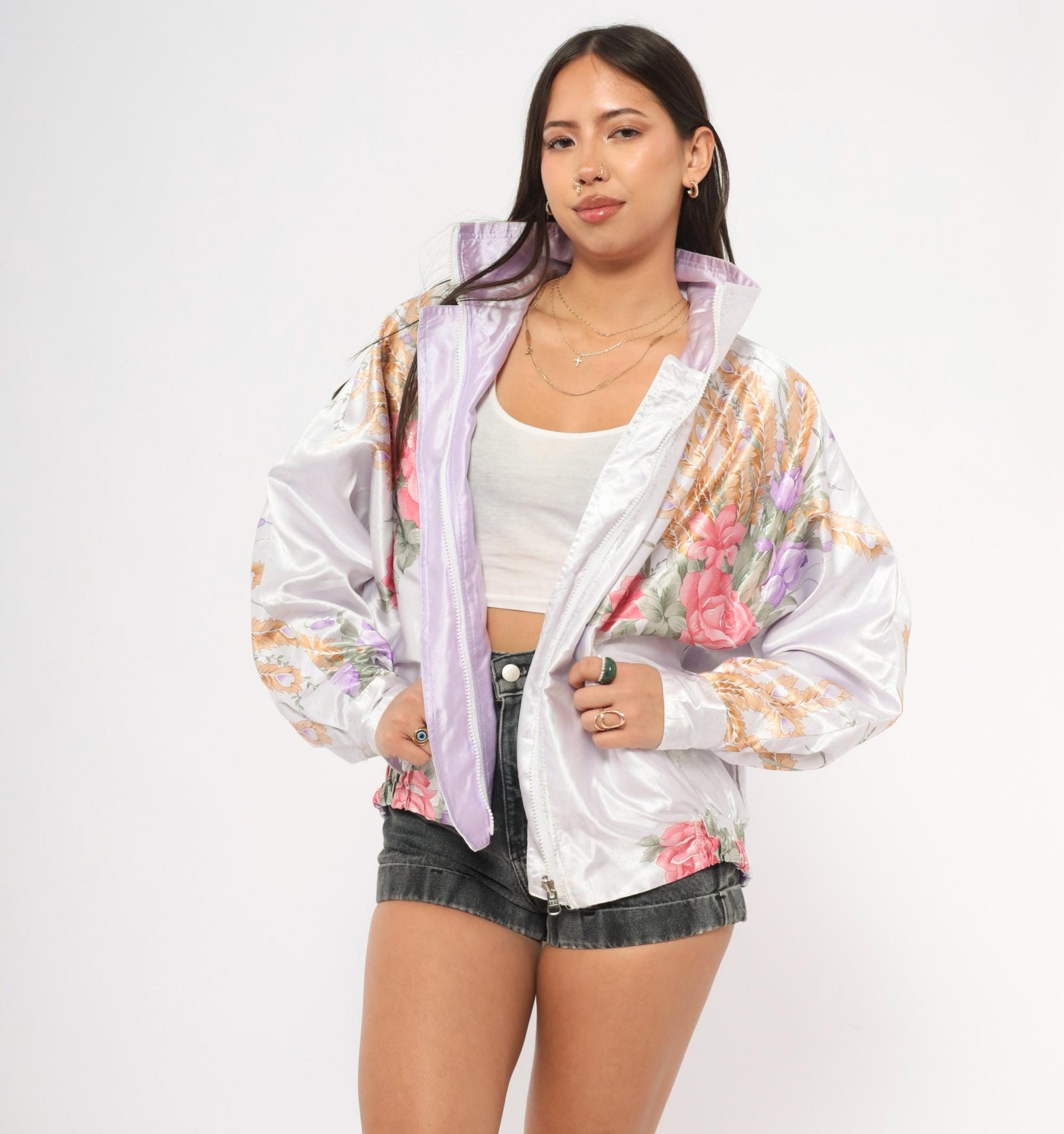 90s White Satin Floral Bomber Jacket Pink Purple Gold Roses Irises Medium M