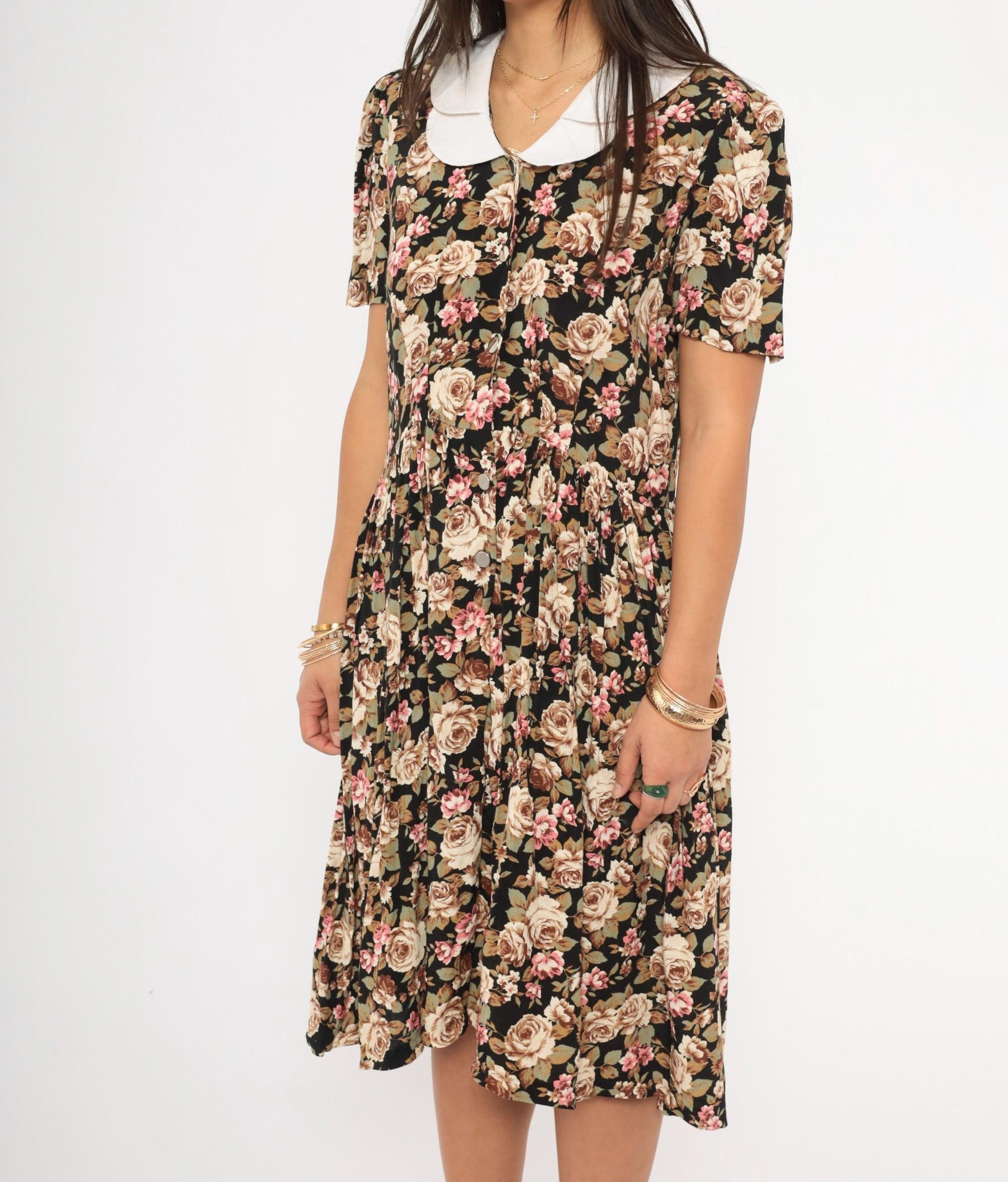90s Black Floral Peter Pan Collar Dress Button Front Knee Length Medium M