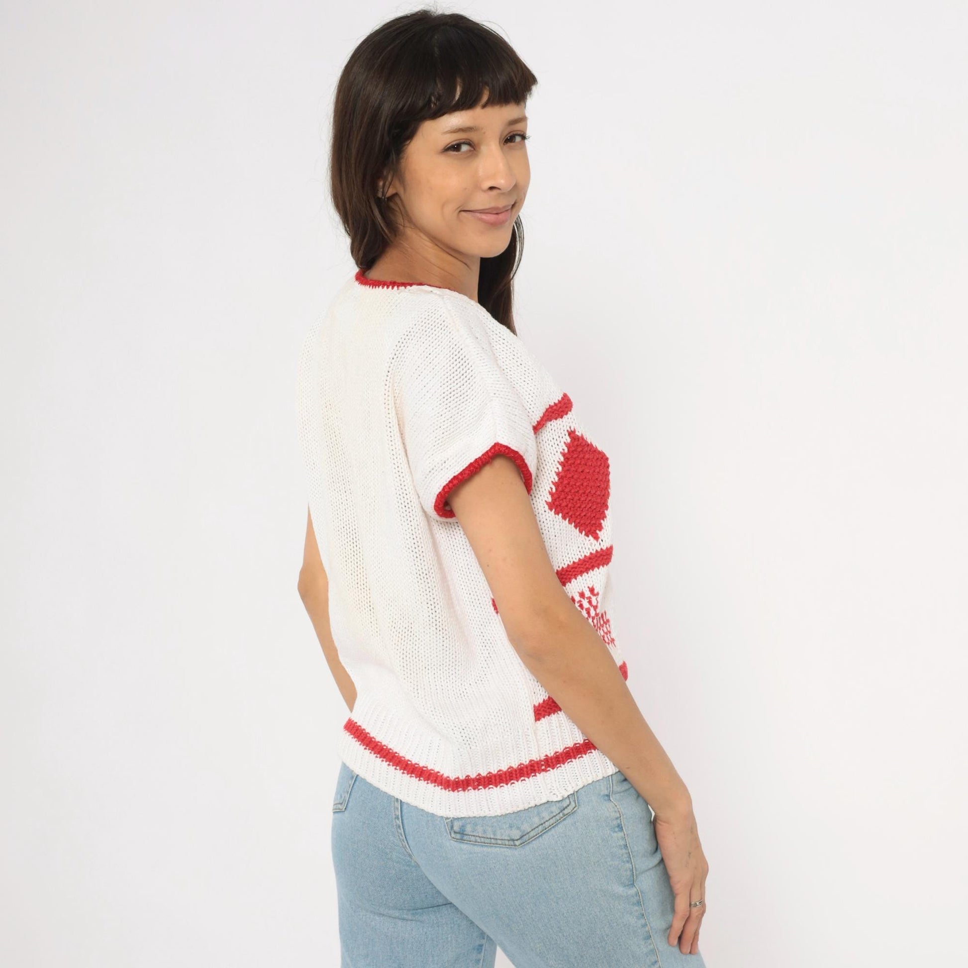 80s SML Sport Gingham Patchwork Knit Top White Red V-Neck Small