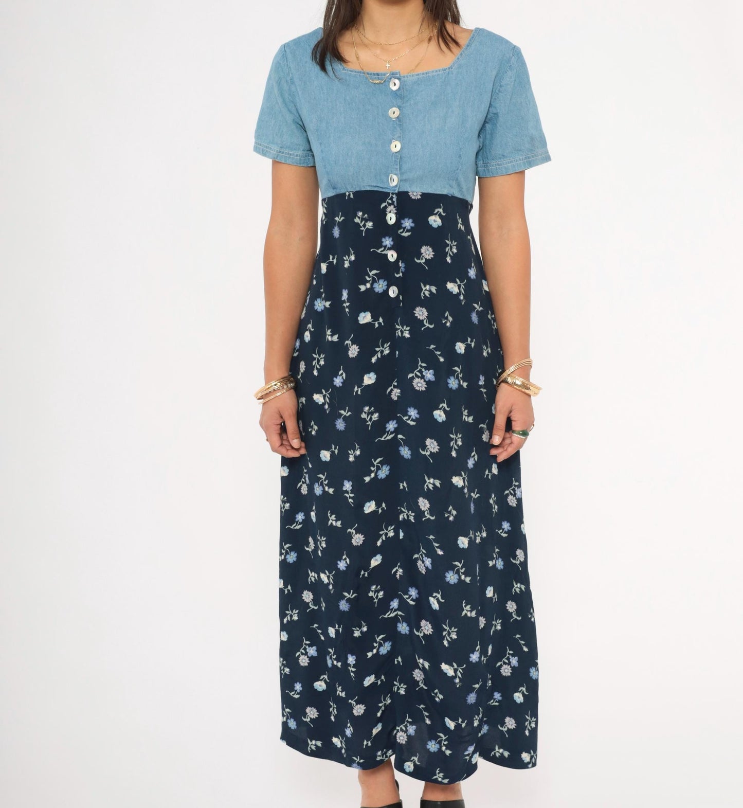90s Express Denim Floral Maxi Dress Navy Empire Waist Button Front Small