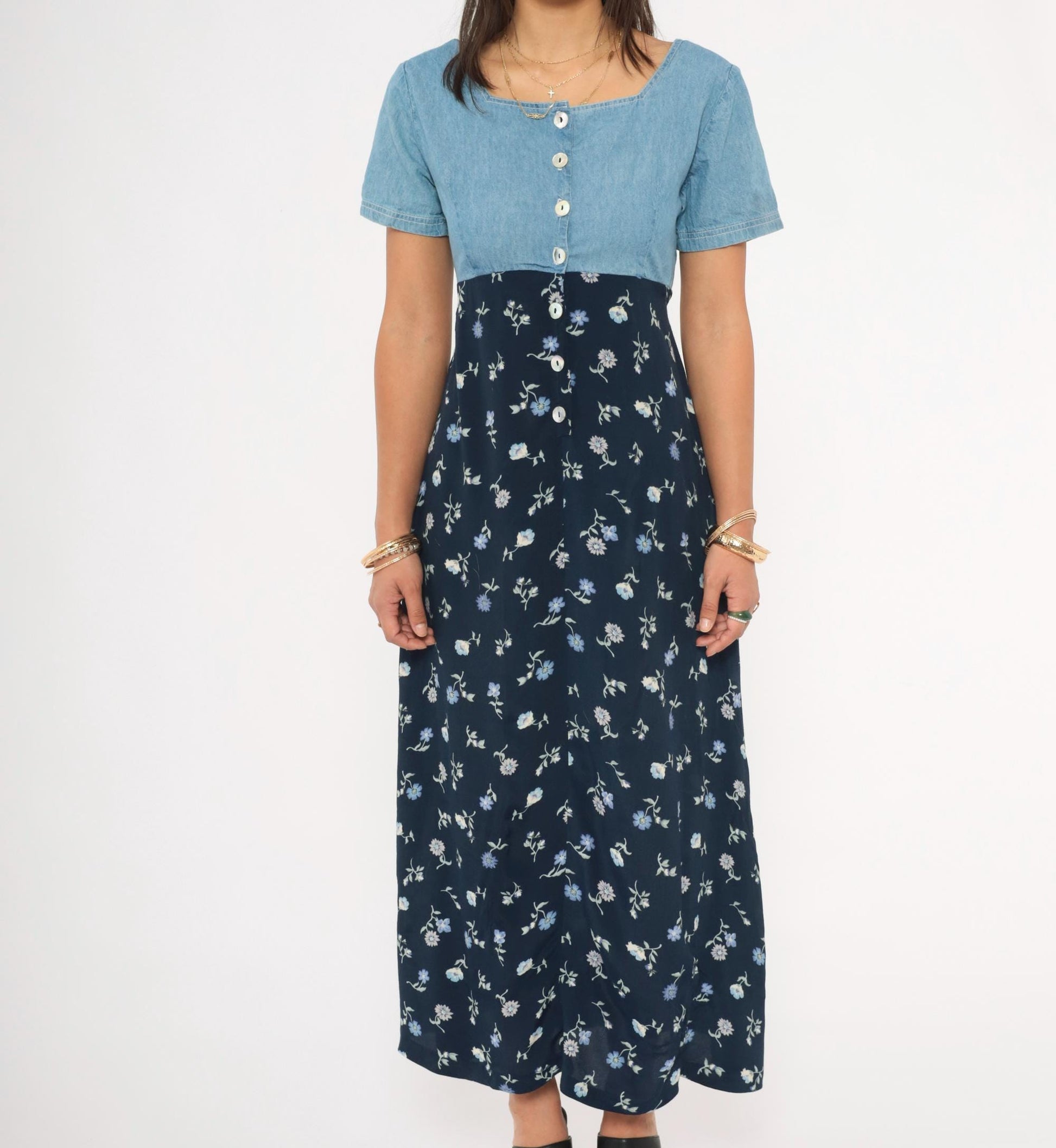 90s Express Denim Floral Maxi Dress Navy Empire Waist Button Front Small