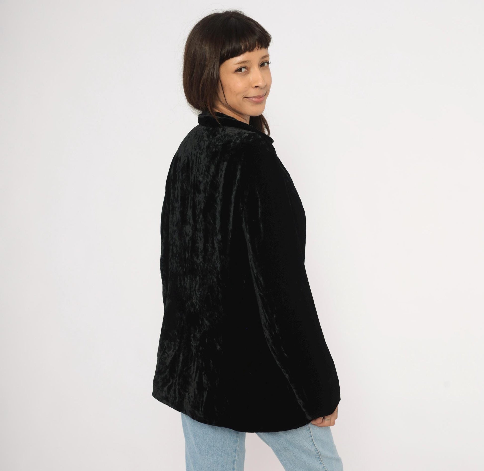 90s J. Jill Black Crushed Velvet Blazer Deep V Single Button Medium