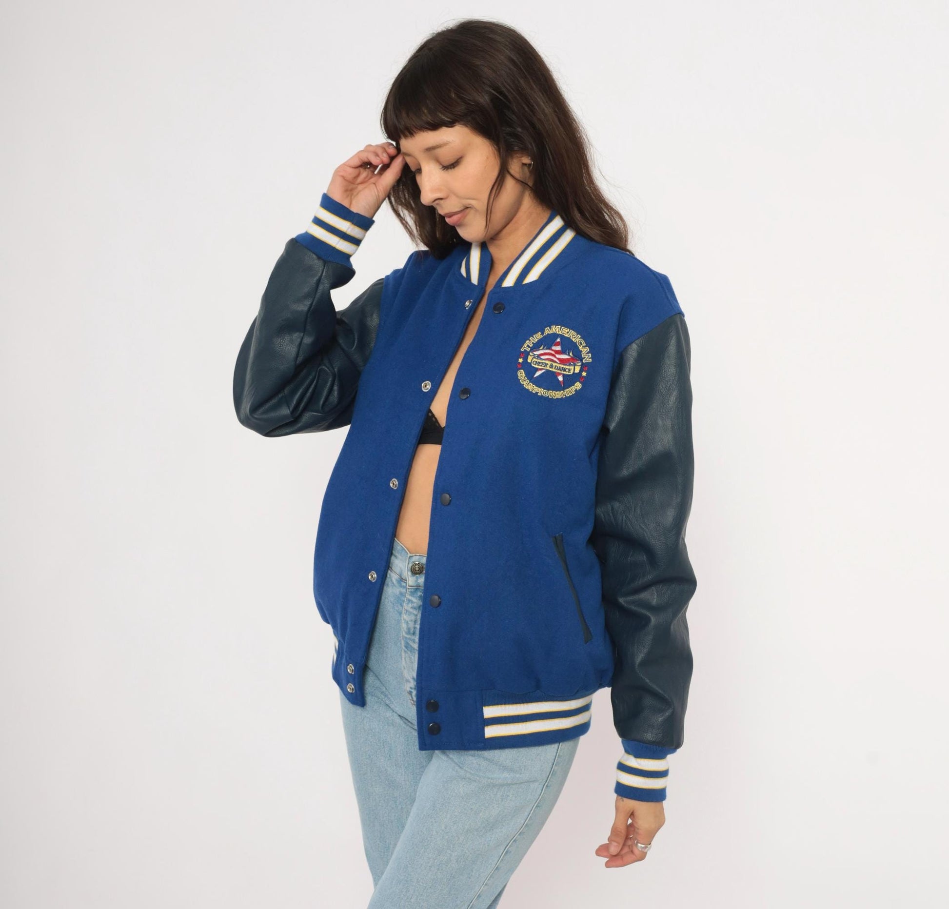 2000s Varsity Royal Blue Letterman Jacket Wool Leather Sleeve Championship Embroidered Small