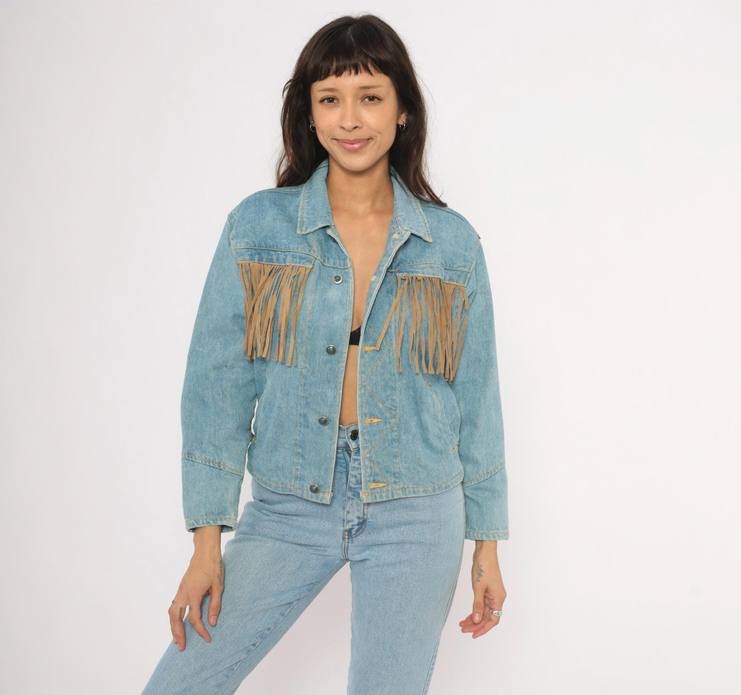 90s Morganwear Denim Jacket Suede Fringe Light Wash Lace-Up Back Medium M