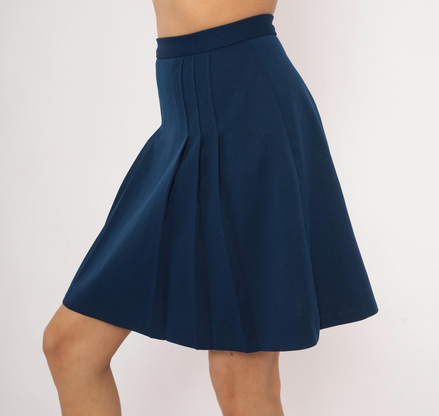 70s Navy Pleated A-Line Skirt High Waist Knee-Length Small