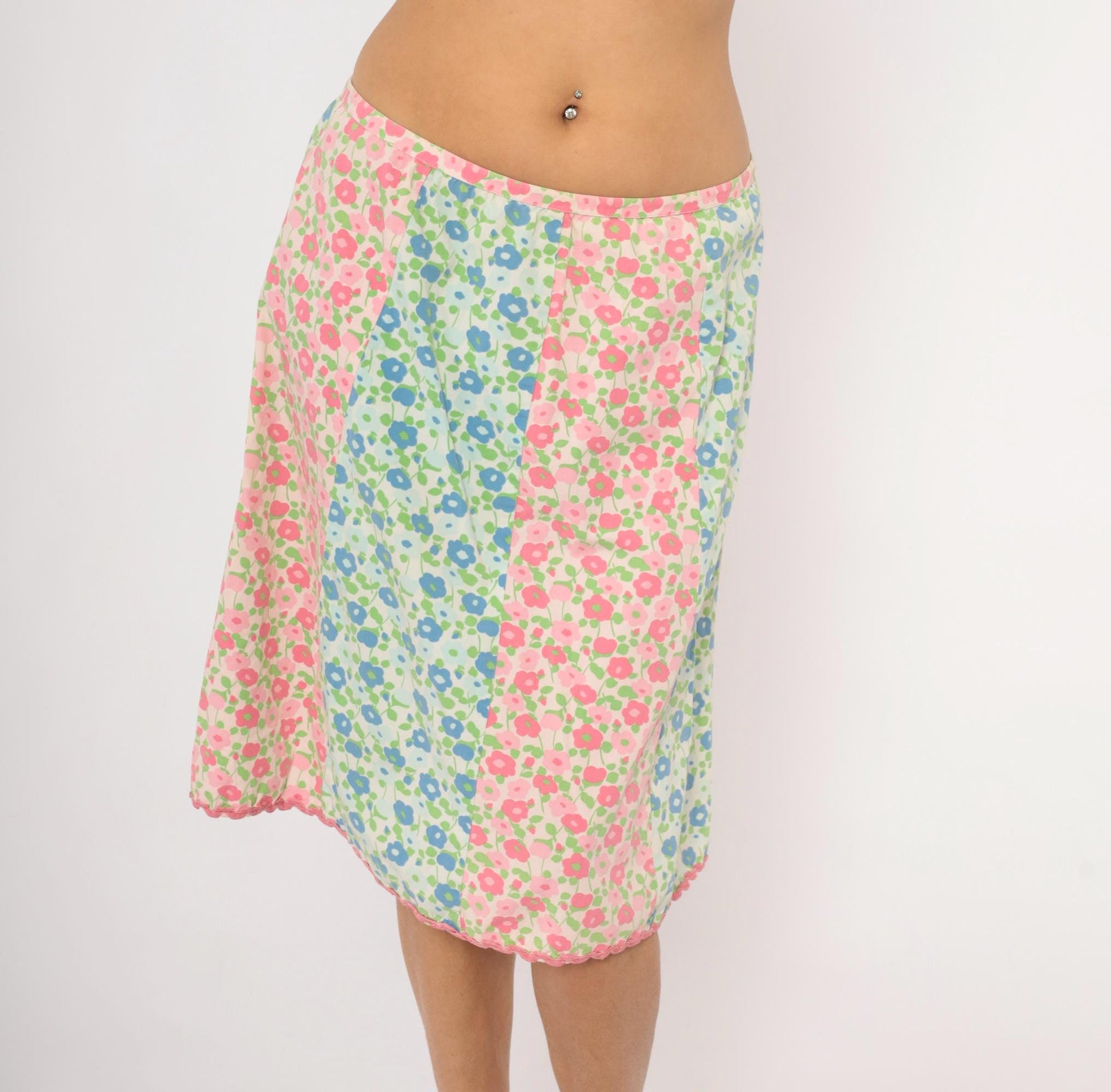 70s Floral A-Line Skirt Pink Blue Green Cotton Knee-Length Large L