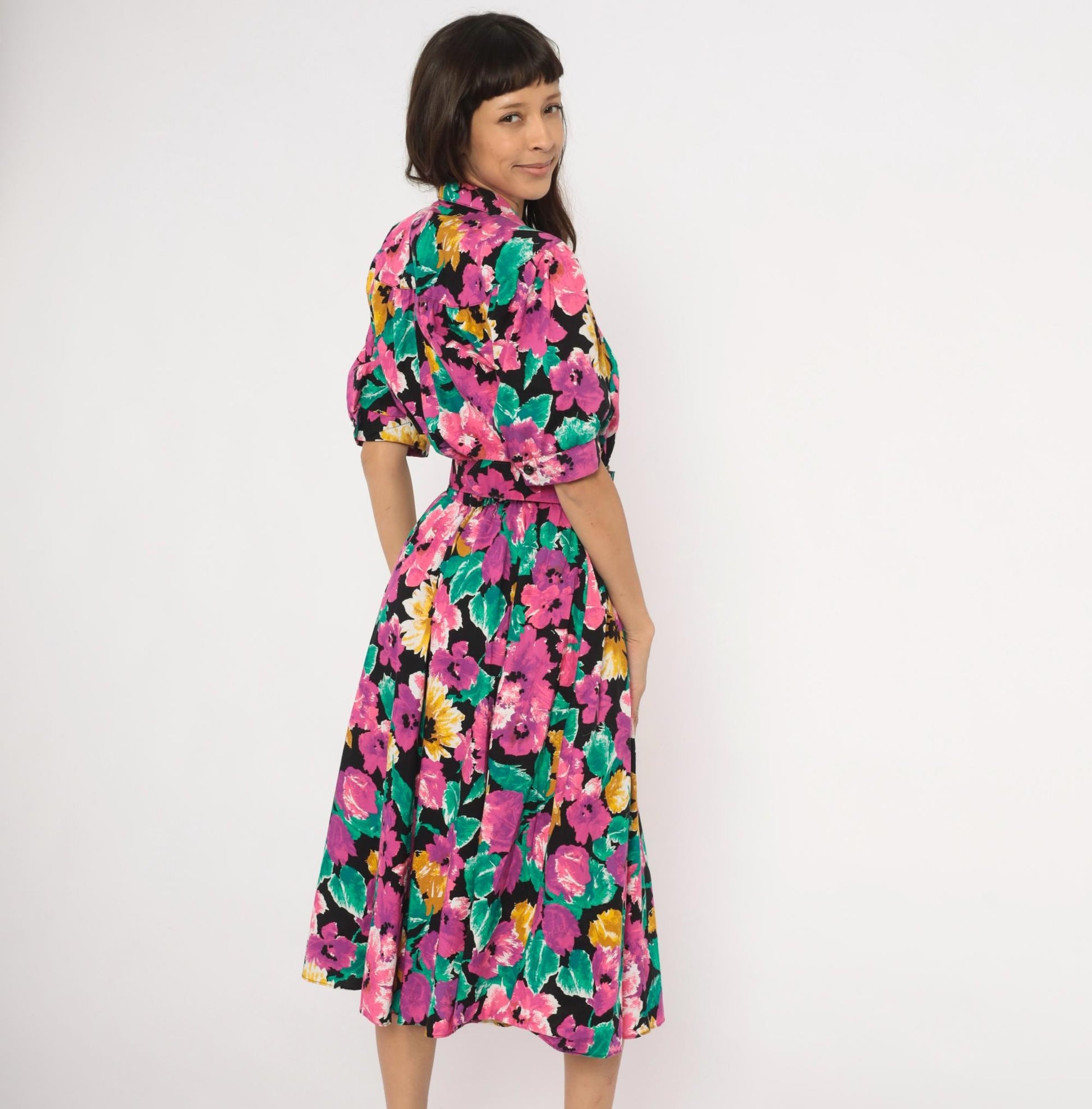 90s Ultra Dress Floral Midi Shirtdress Belted Notch Collar Multicolor Extra Large XL