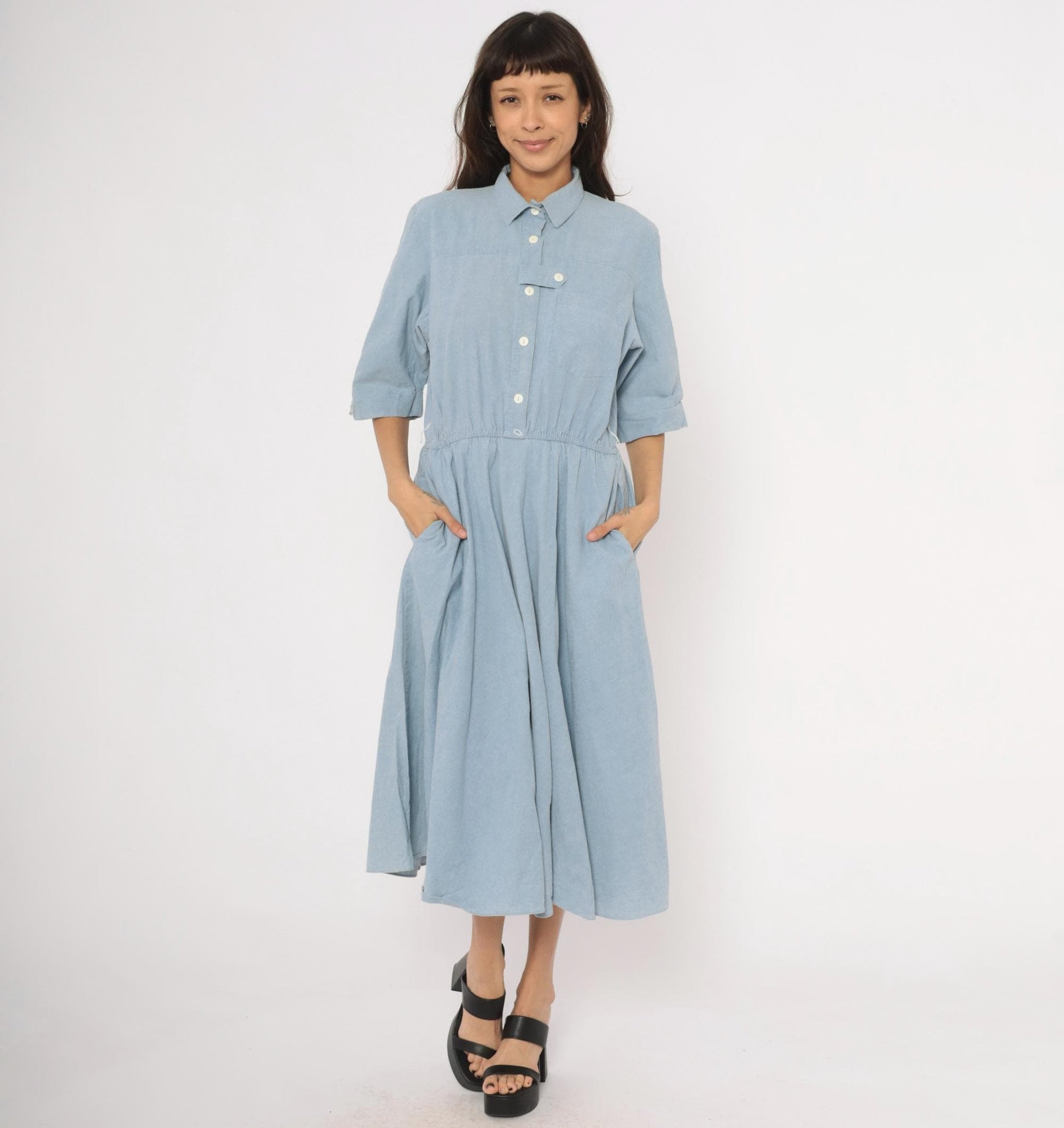 80s Powder Blue Chambray Shirt Dress Cotton Midi Flared Skirt Large L