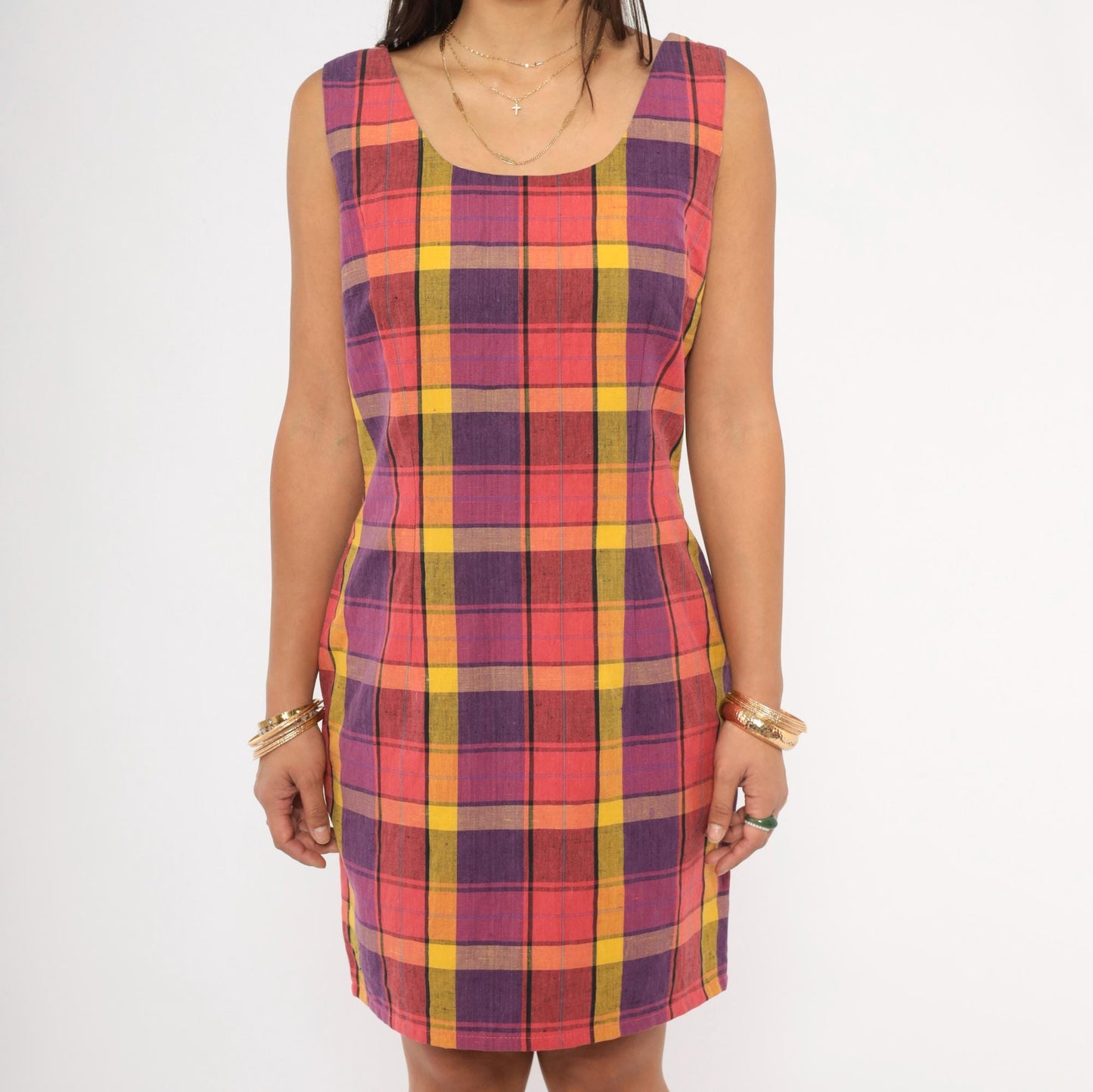 90s For Petes Sake Plaid Mini Dress Linen Scoop Neck Purple Yellow Pink Small