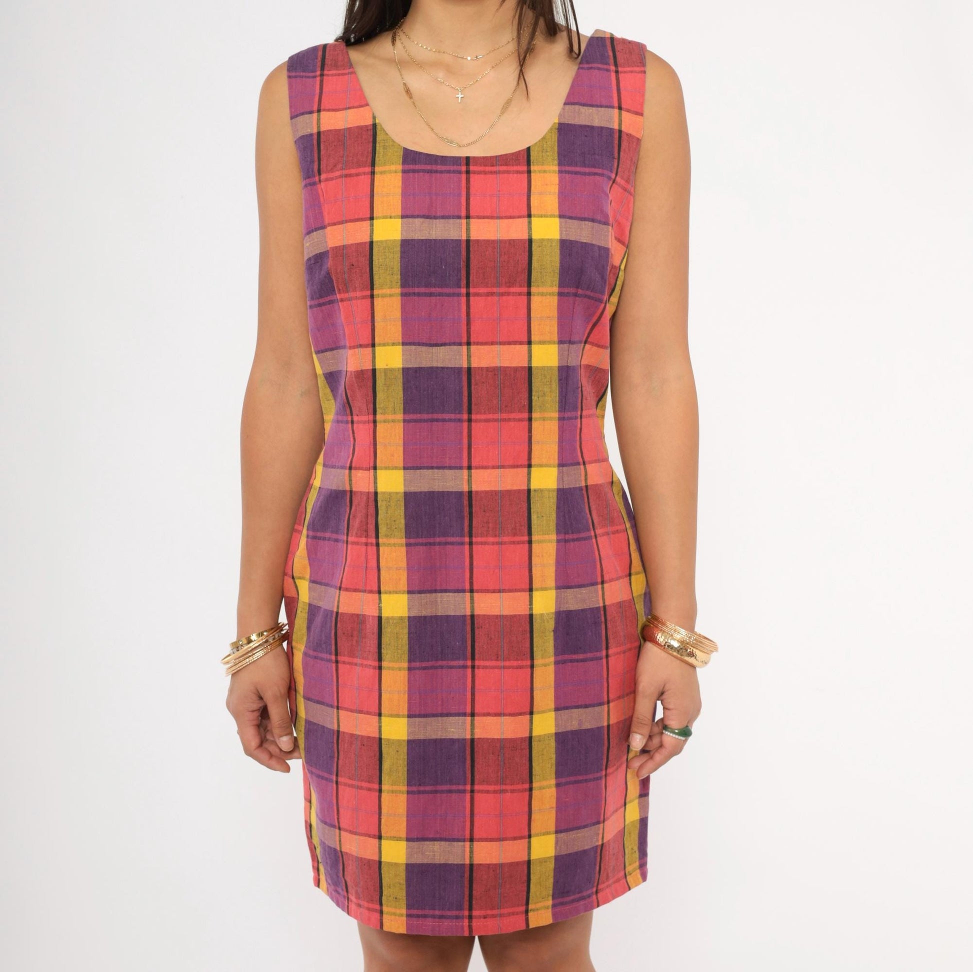 90s For Petes Sake Plaid Mini Dress Linen Scoop Neck Purple Yellow Pink Small