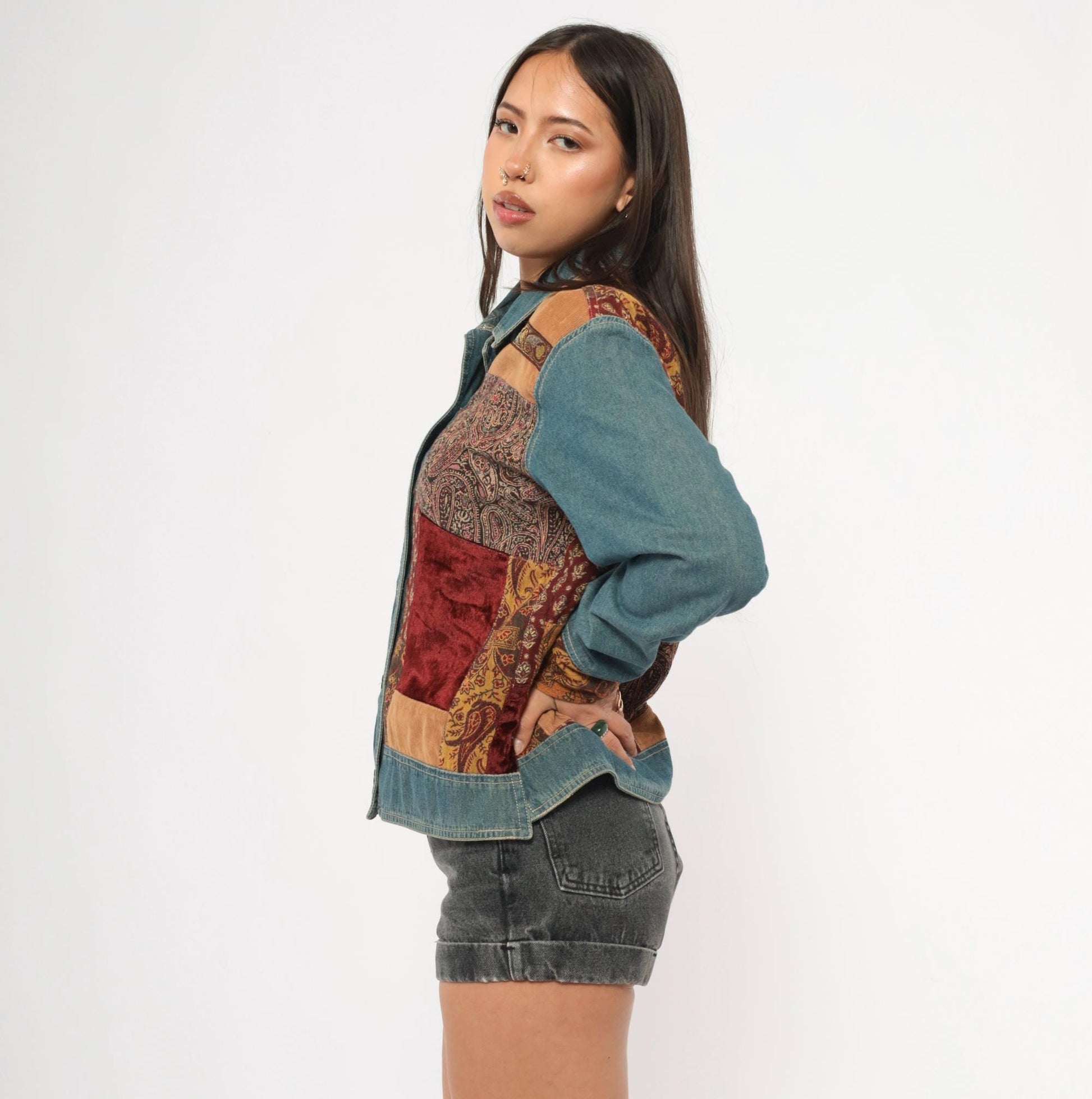 2000s Out Of The Blue Patchwork Denim Jacket Velvet Corduroy Paisley Small S