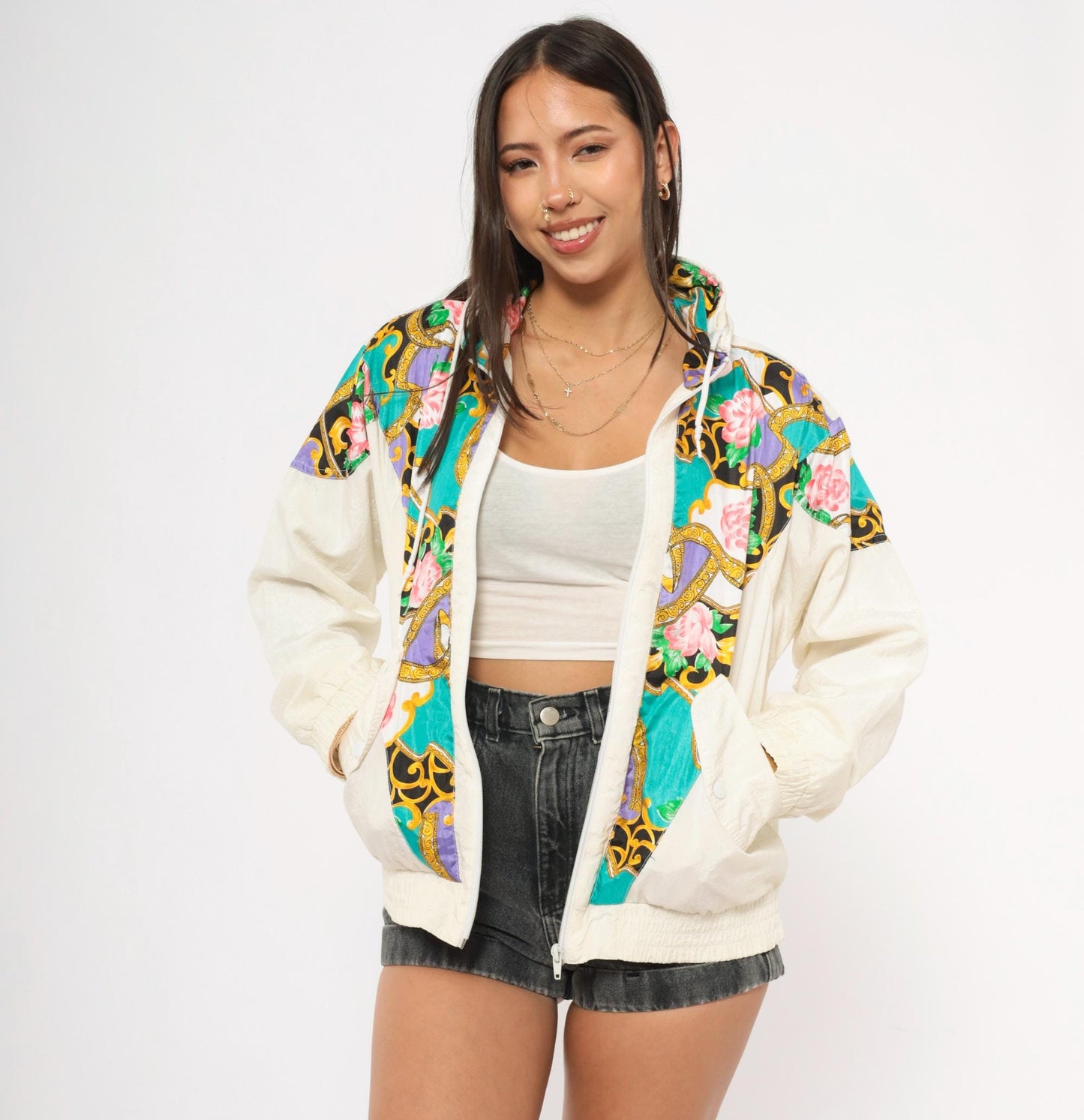 90s Sunterra Petite Baroque Rose Windbreaker Jacket Teal Gold Purple Pink Small