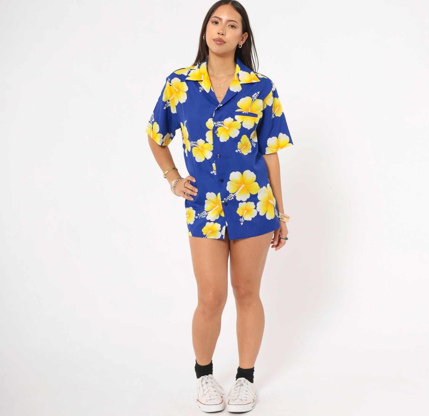 90s Hawaiian Hibiscus Camp Collar Shirt Cobalt Blue Yellow Floral Medium