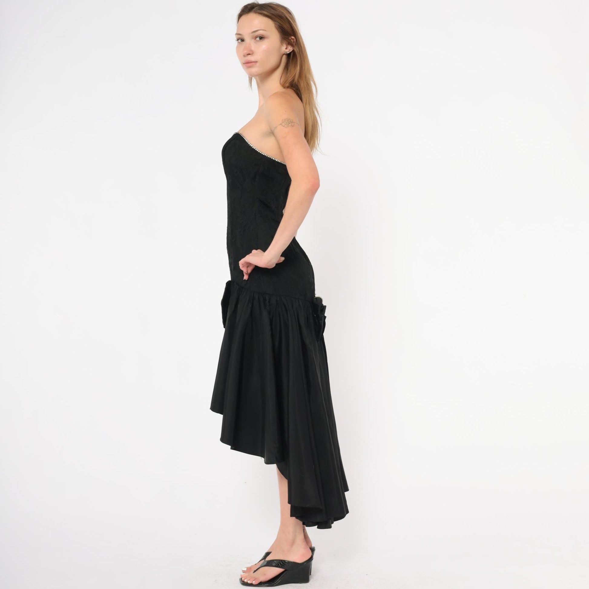 80s Jolie Madame Black Strapless Gown Lace Bodice Rhinestone Trim Small