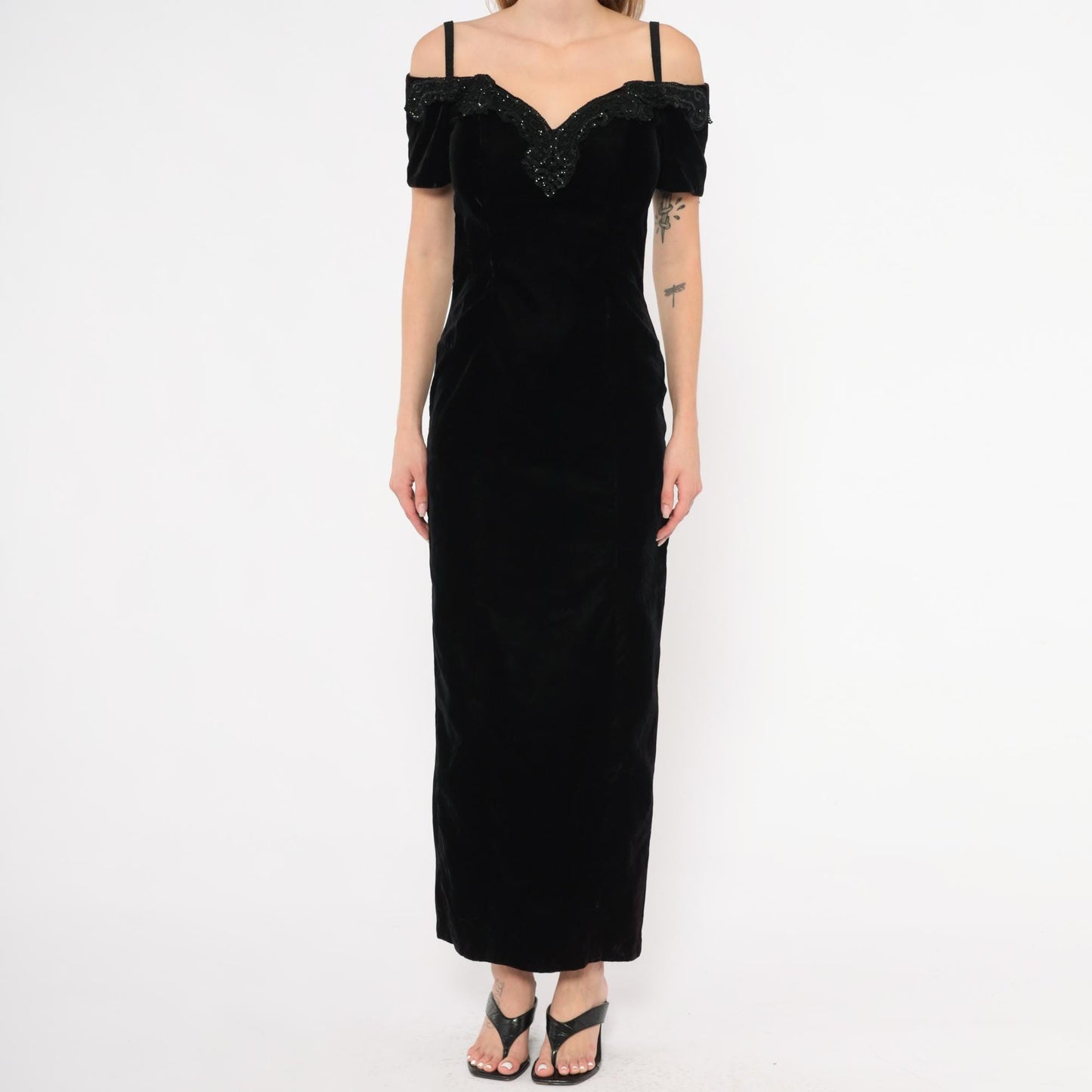 90s Rampage Black Velvet Maxi Gown Beaded Lace Off-Shoulder Extra Small XS