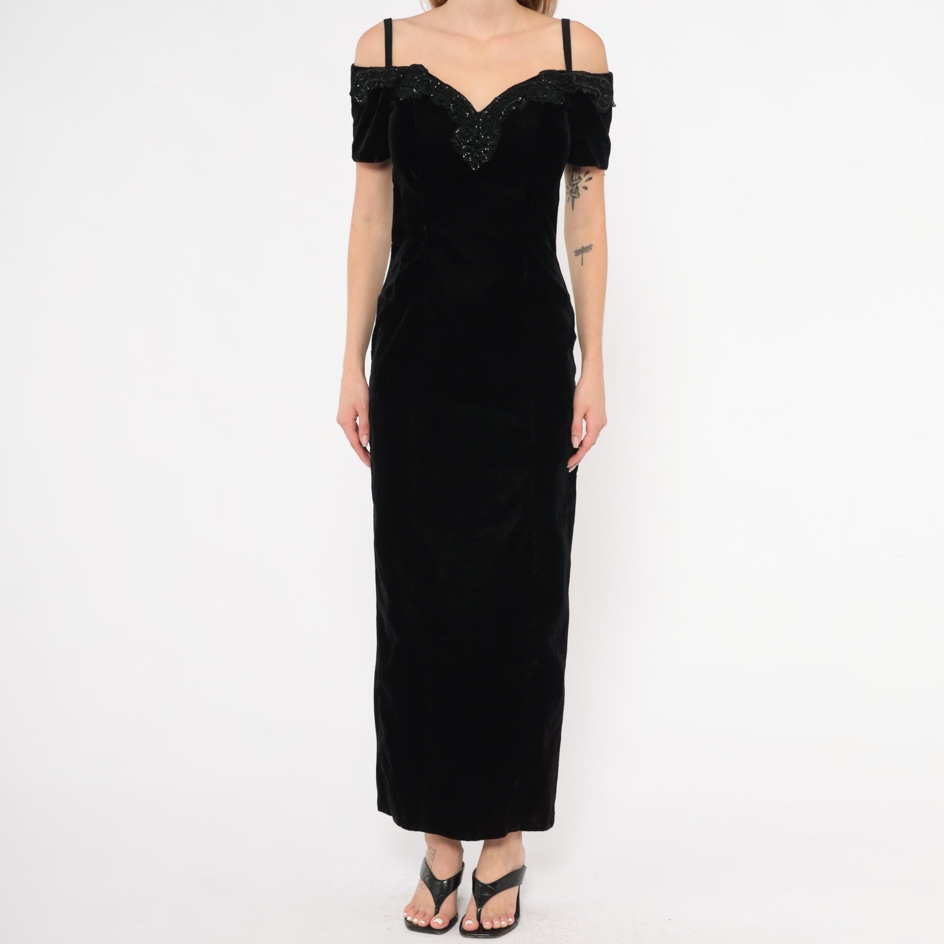 90s Rampage Black Velvet Maxi Gown Beaded Lace Off-Shoulder Extra Small XS