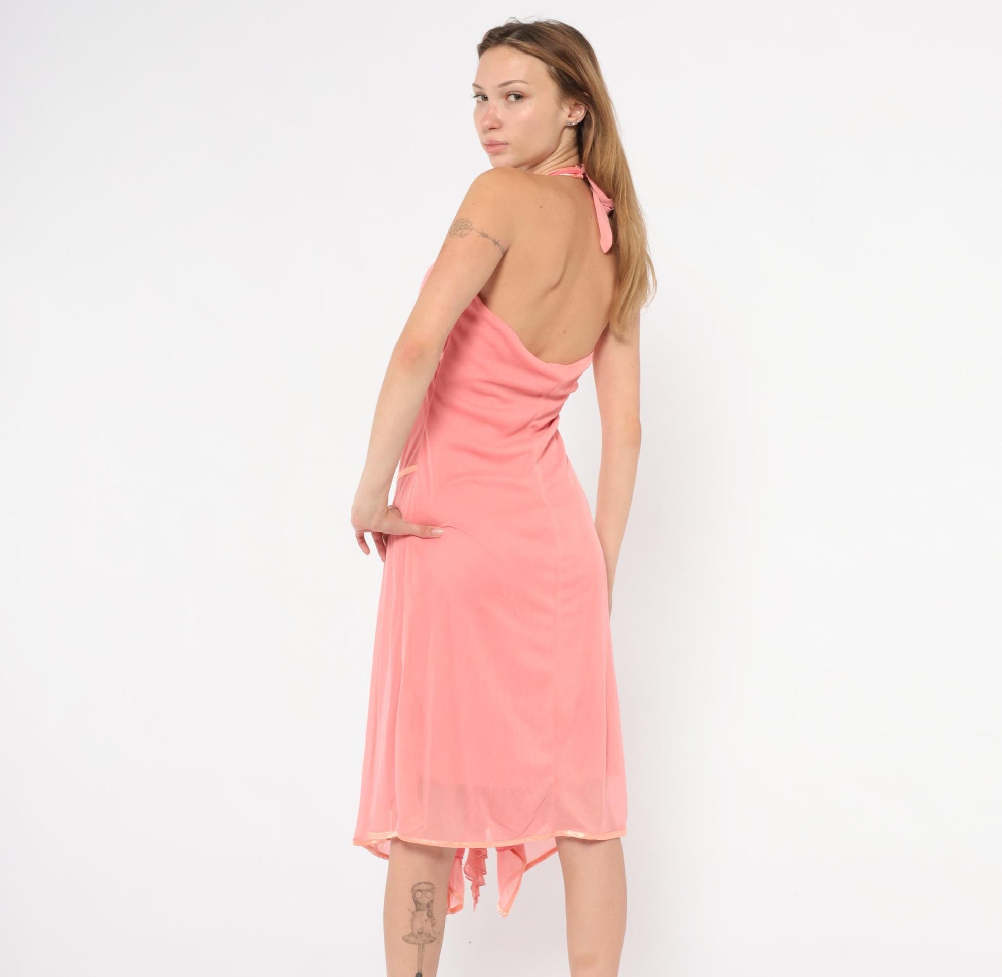 Y2K Coral Halter Dress Surplice Neckline Satin Trim Ruffle Chiffon Overlay Backless Tie Neck Pink Summer Beach Party Coquette Salmon Large L