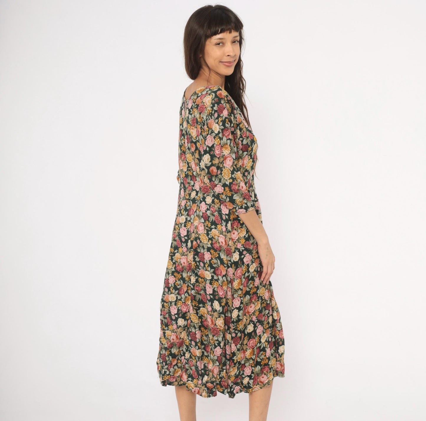 90s Paquette Floral Midi Dress Garden Rose Print Black Pink Burgundy Large L