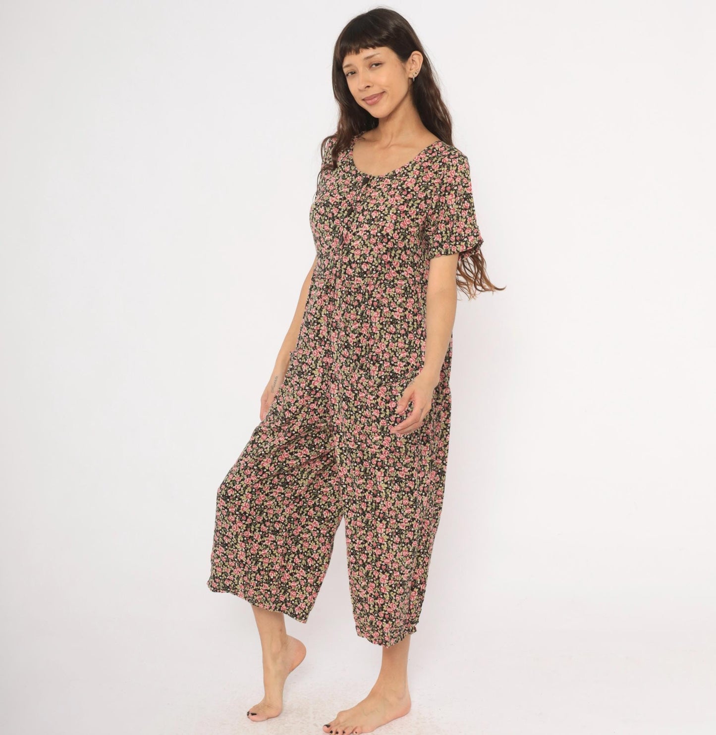 90s Black Floral Jumpsuit Wide Leg Rose Print Scoop Neck Medium M