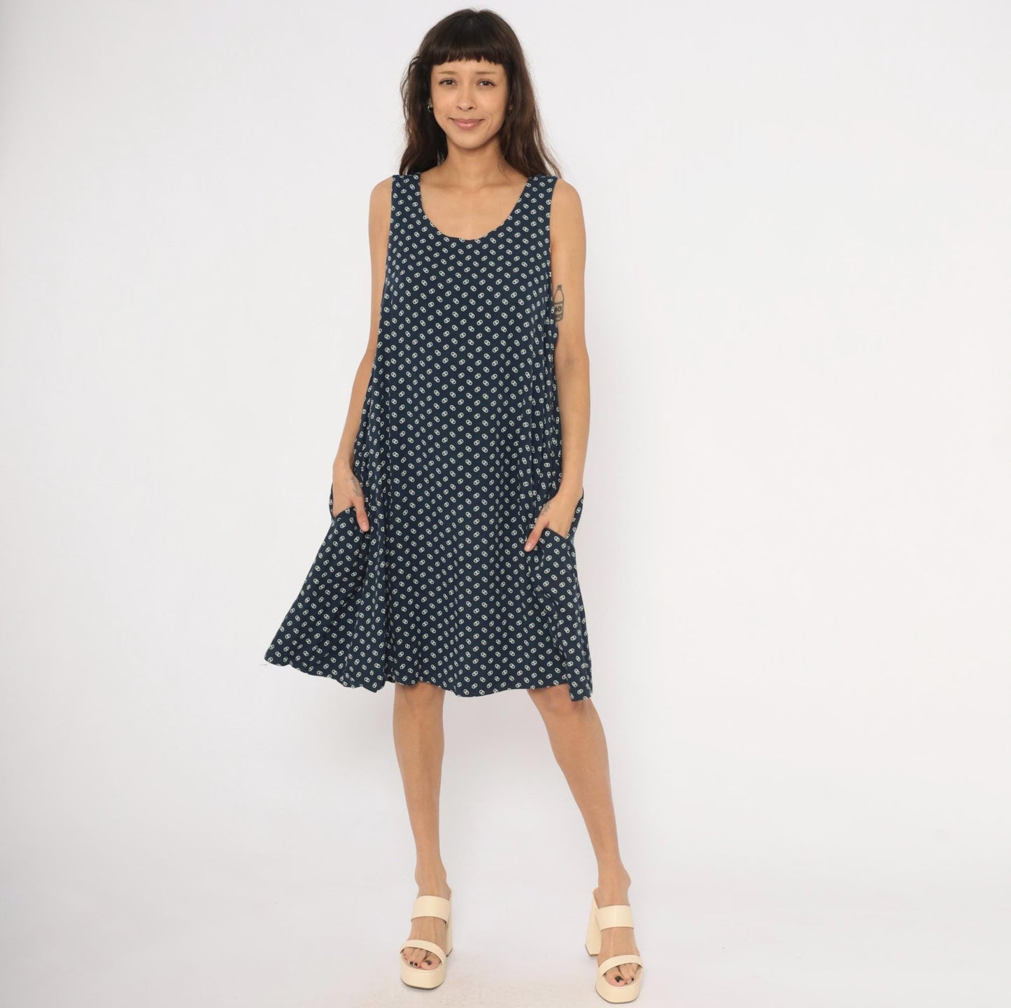 80s Steena Navy Sundress White Geometric Print Cotton Knee-Length Large L
