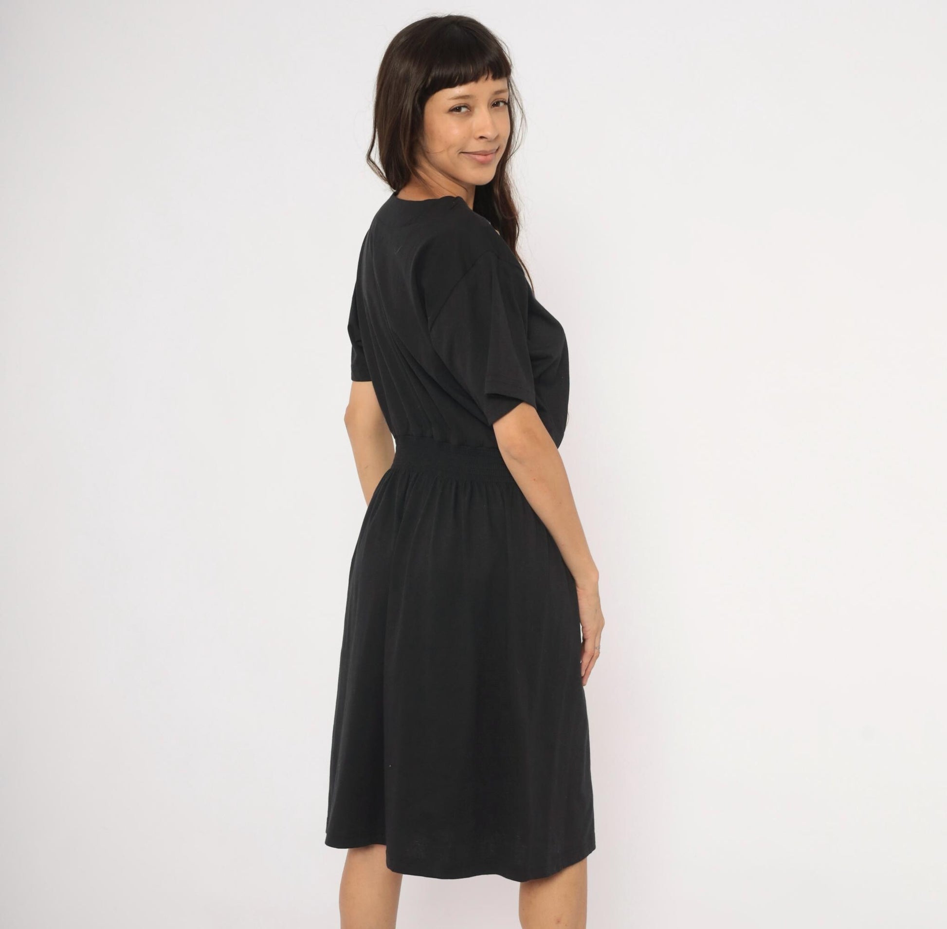 90s Cervelle Black Knee-Length Dress Rhinestone Jeweled Neckline Cotton Large L