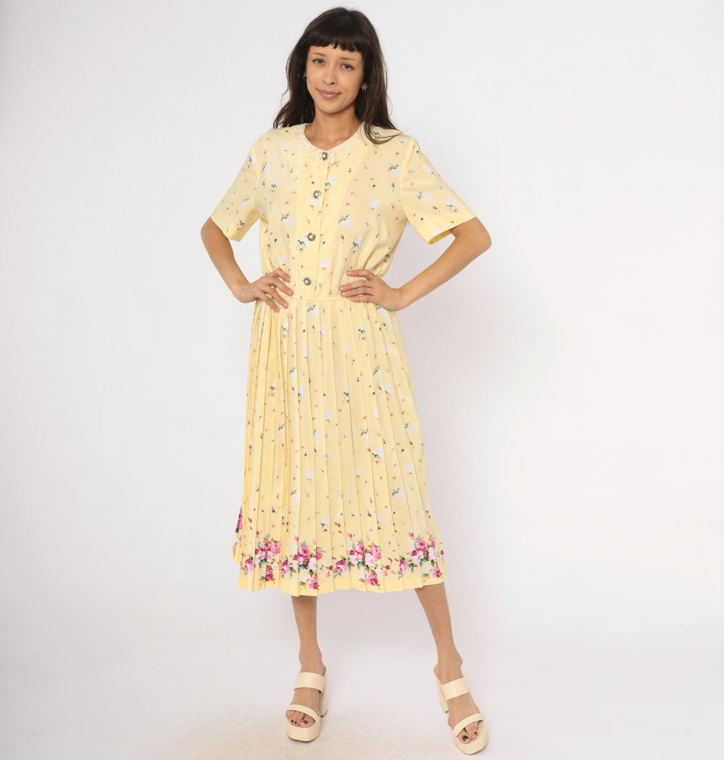 80s Leslie Fay Butter Yellow Floral Midi Dress Lace Collar Pleated Skirt Large L